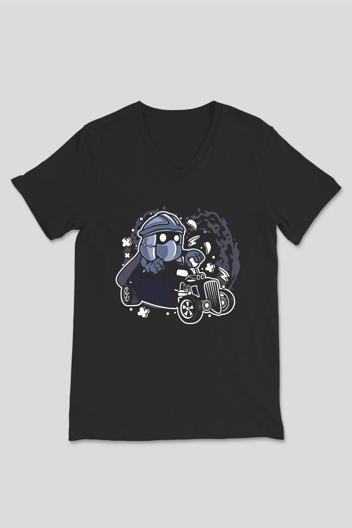 Shredder Hotrod Baskılı Siyah Unisex V Yaka Tişört