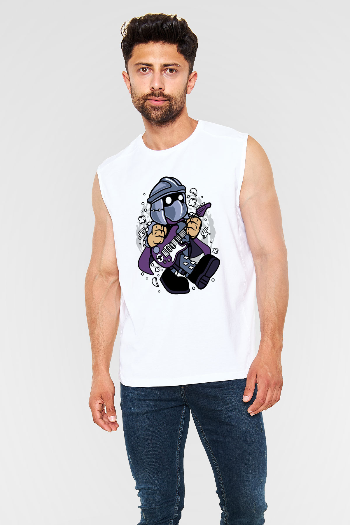 Shredder Rocker Baskılı Beyaz Unisex Kolsuz Tişört