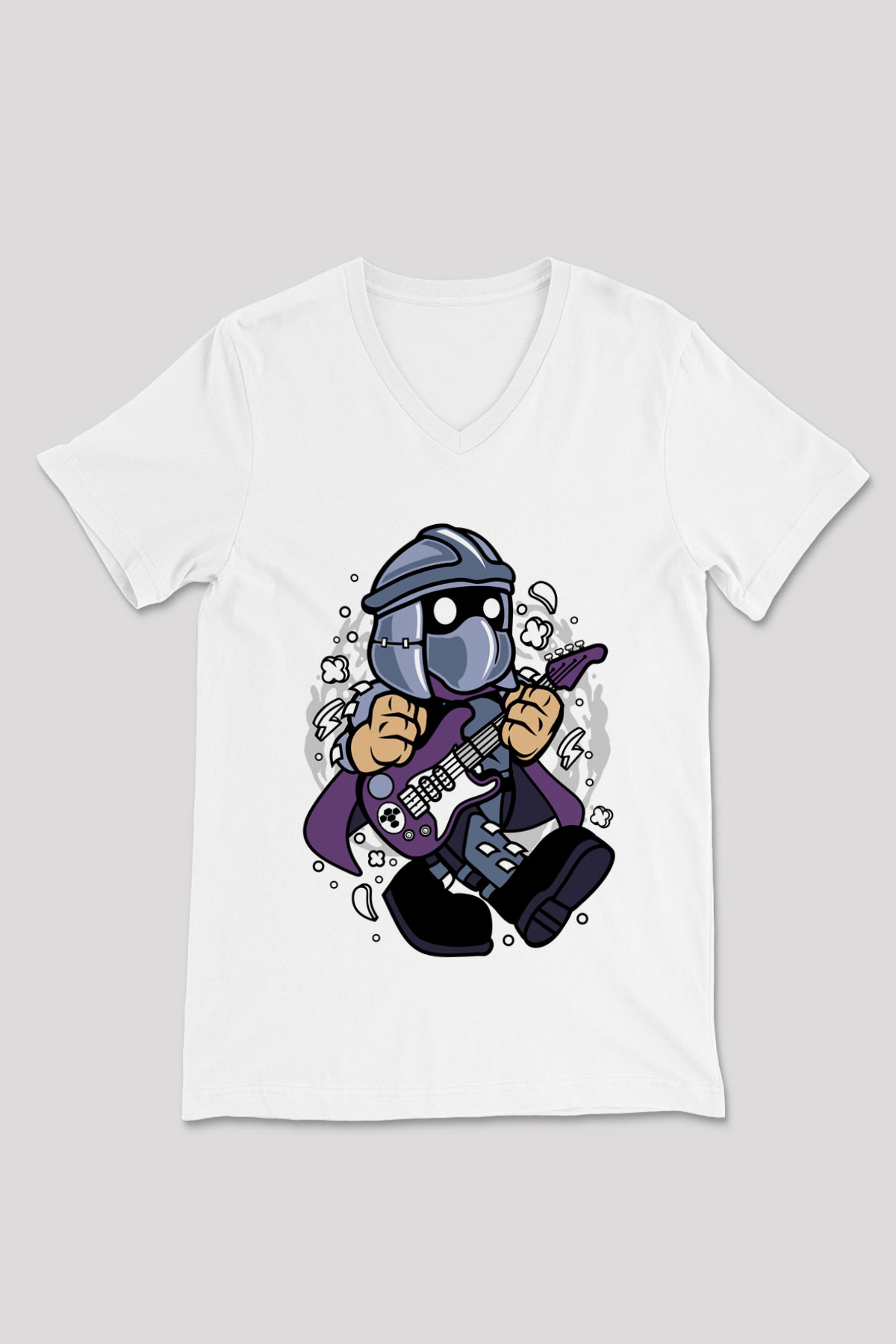Shredder Rocker Baskılı Beyaz Unisex V Yaka Tişört