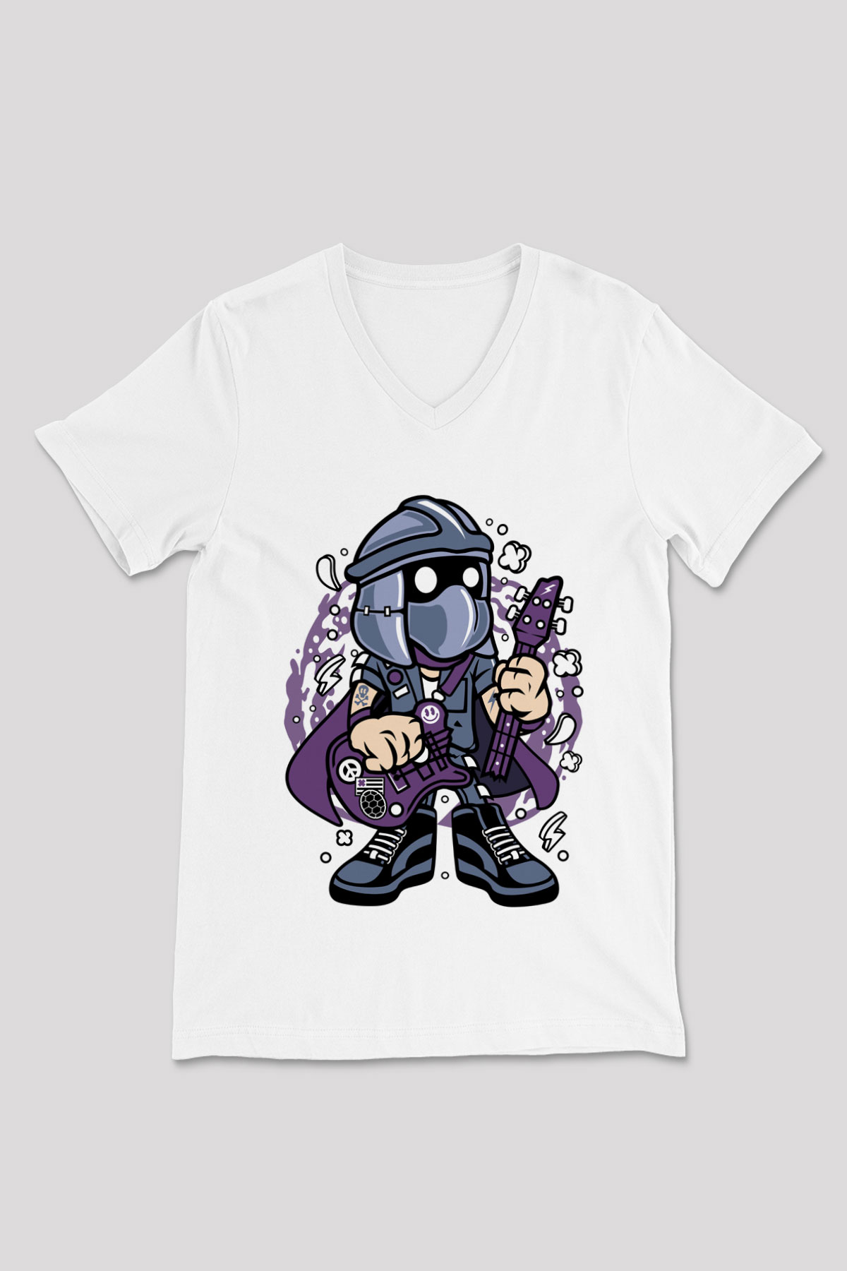 Shredder Rockstar Baskılı Beyaz Unisex V Yaka Tişört