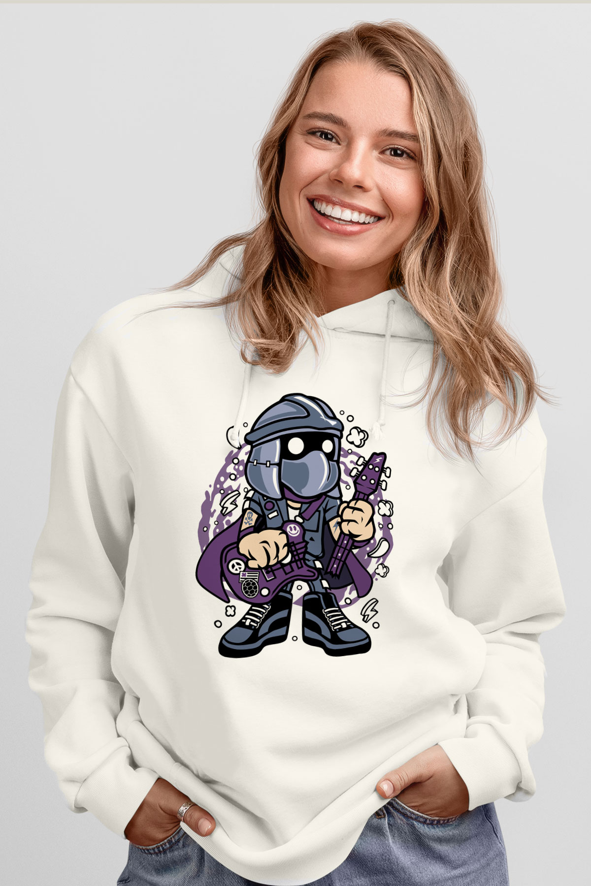 Shredder Rockstar Baskılı Beyaz Unisex Hoodie