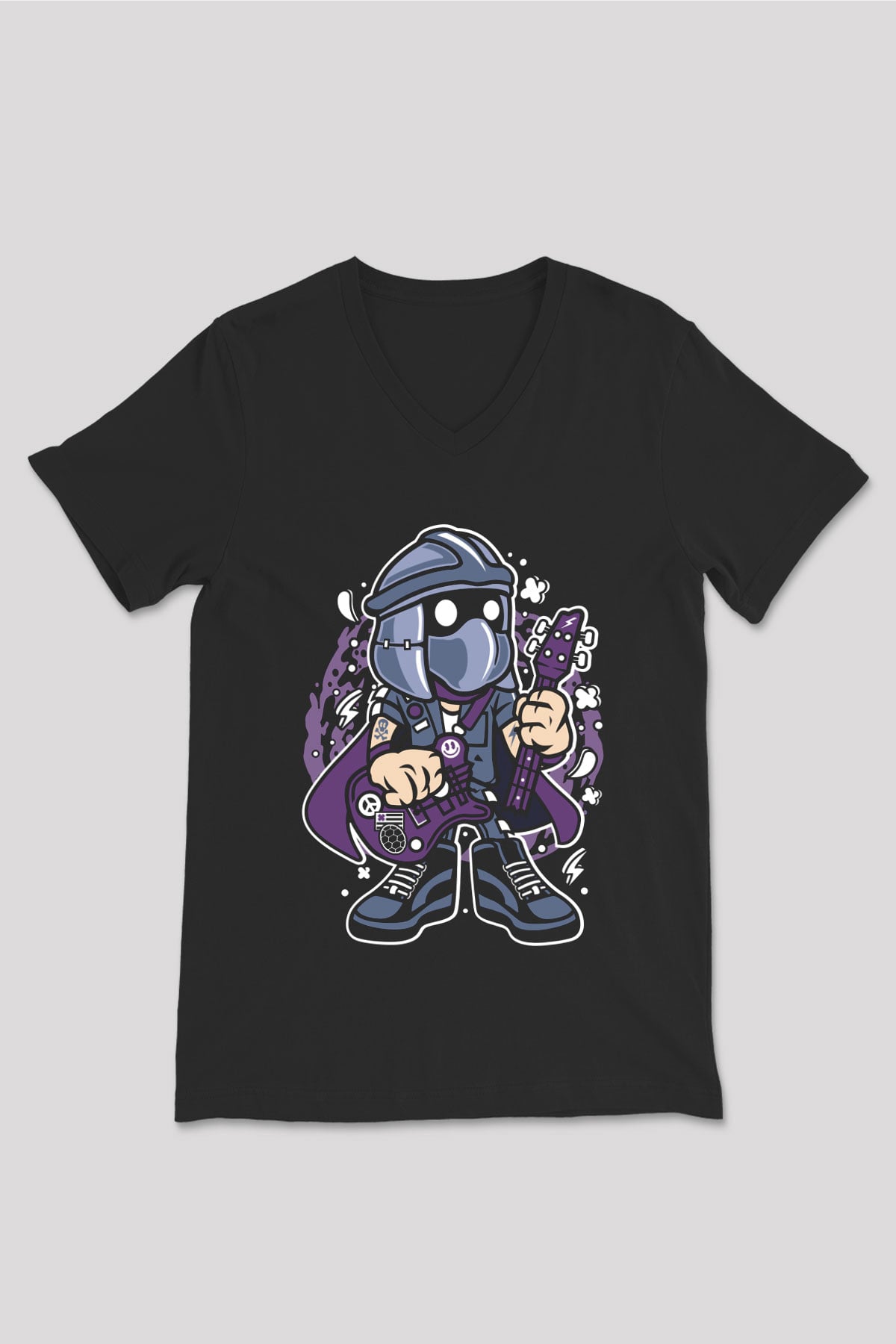 Shredder Rockstar Baskılı Siyah Unisex V Yaka Tişört