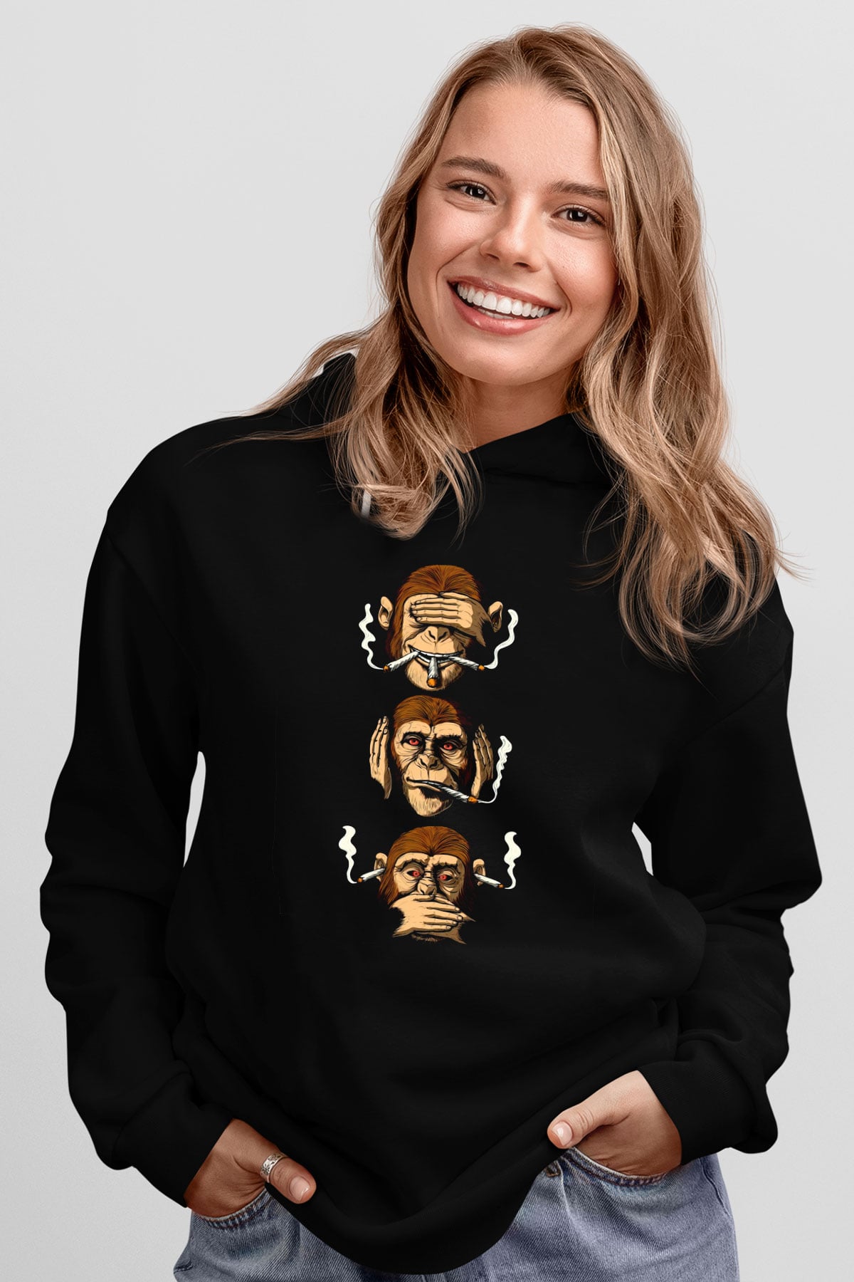 Sigara İçen 3 Maymun Temalı Siyah  Unisex Hoodie