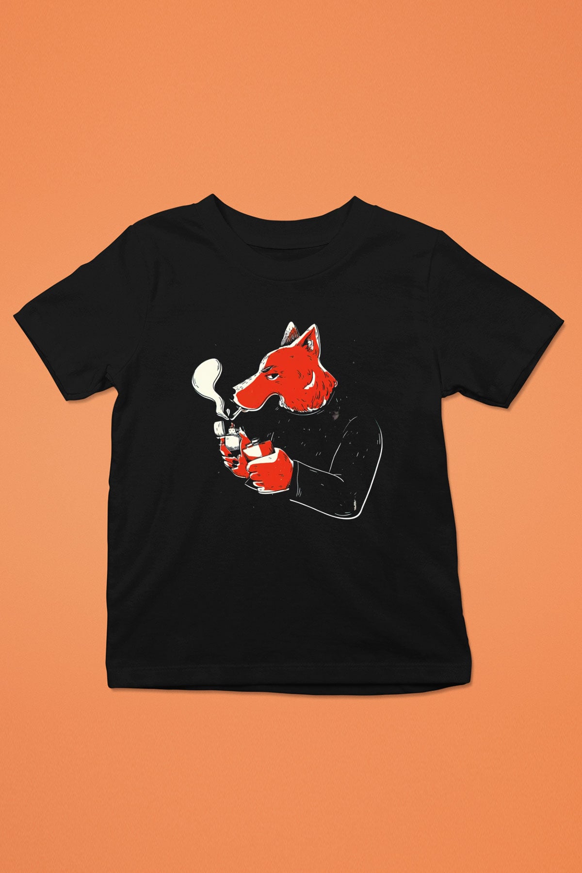 Sigara İçen Tilki Baskılı Unisex Siyah  Çocuk Tişört