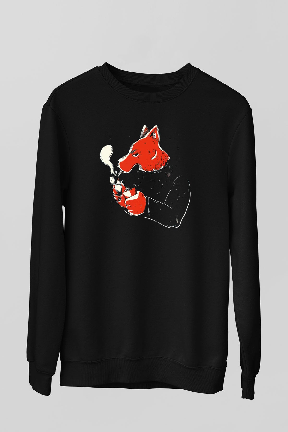 Sigara İçen Tilki Baskılı Unisex Siyah  Sweatshirt