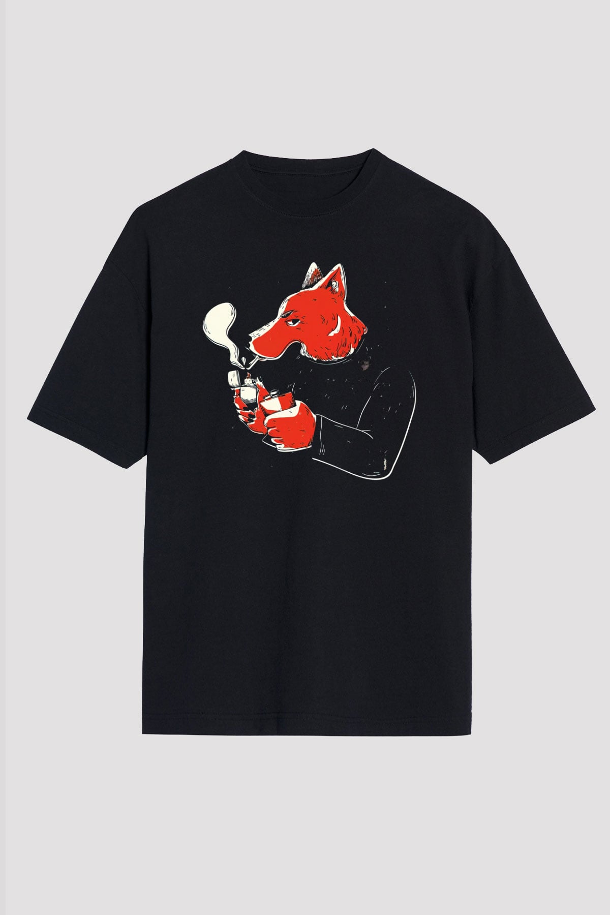 Sigara İçen Tilki Baskılı Unisex Siyah Tişört