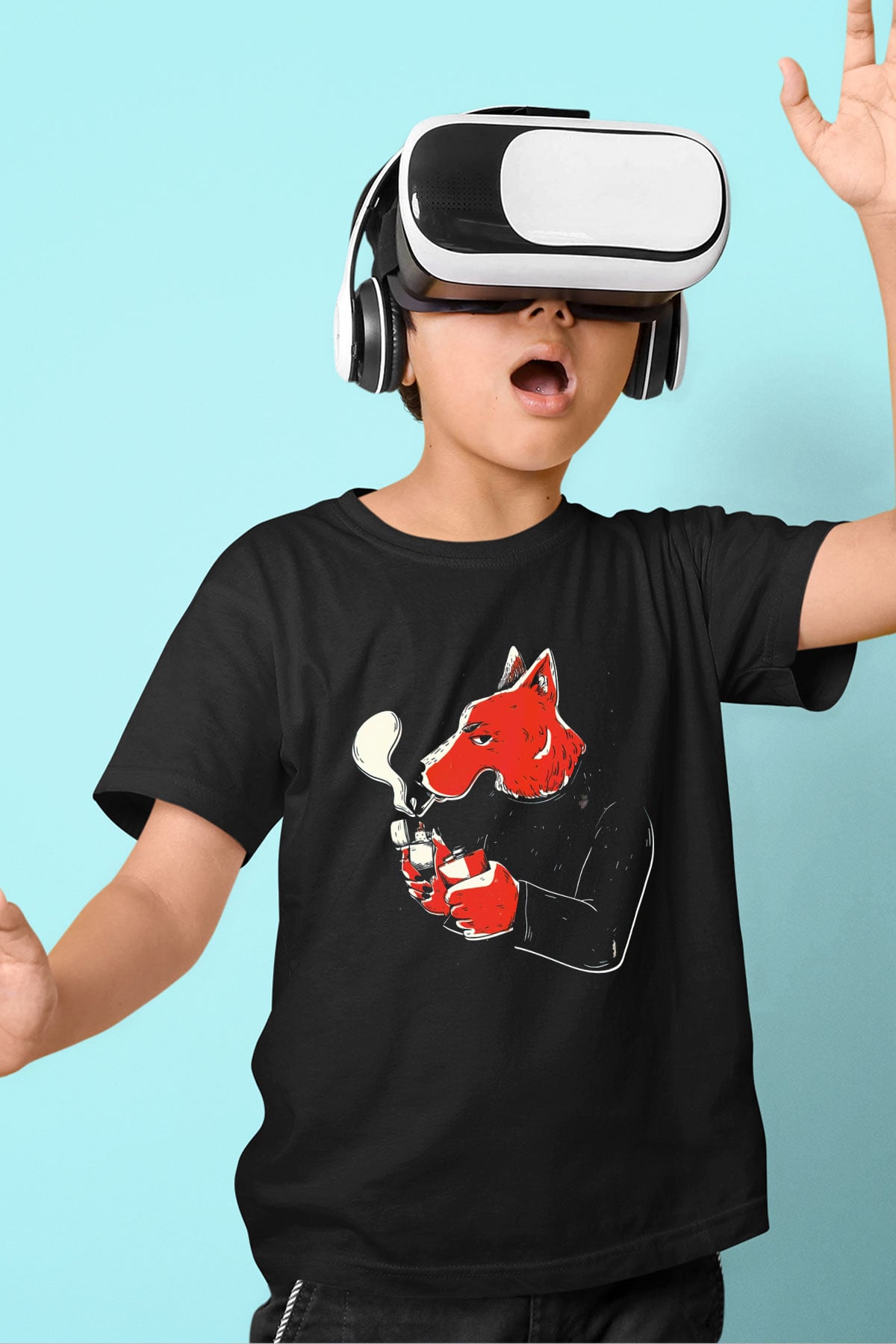 Sigara İçen Tilki Baskılı Unisex Siyah  Çocuk Tişört