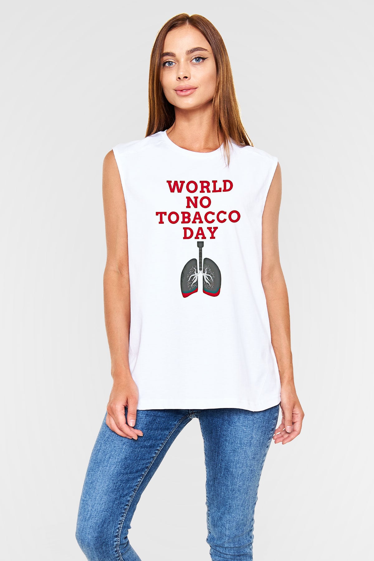 Sigarayı Bırakma Günü Baskılı Beyaz Unisex Kolsuz Tişört - Tshirt
