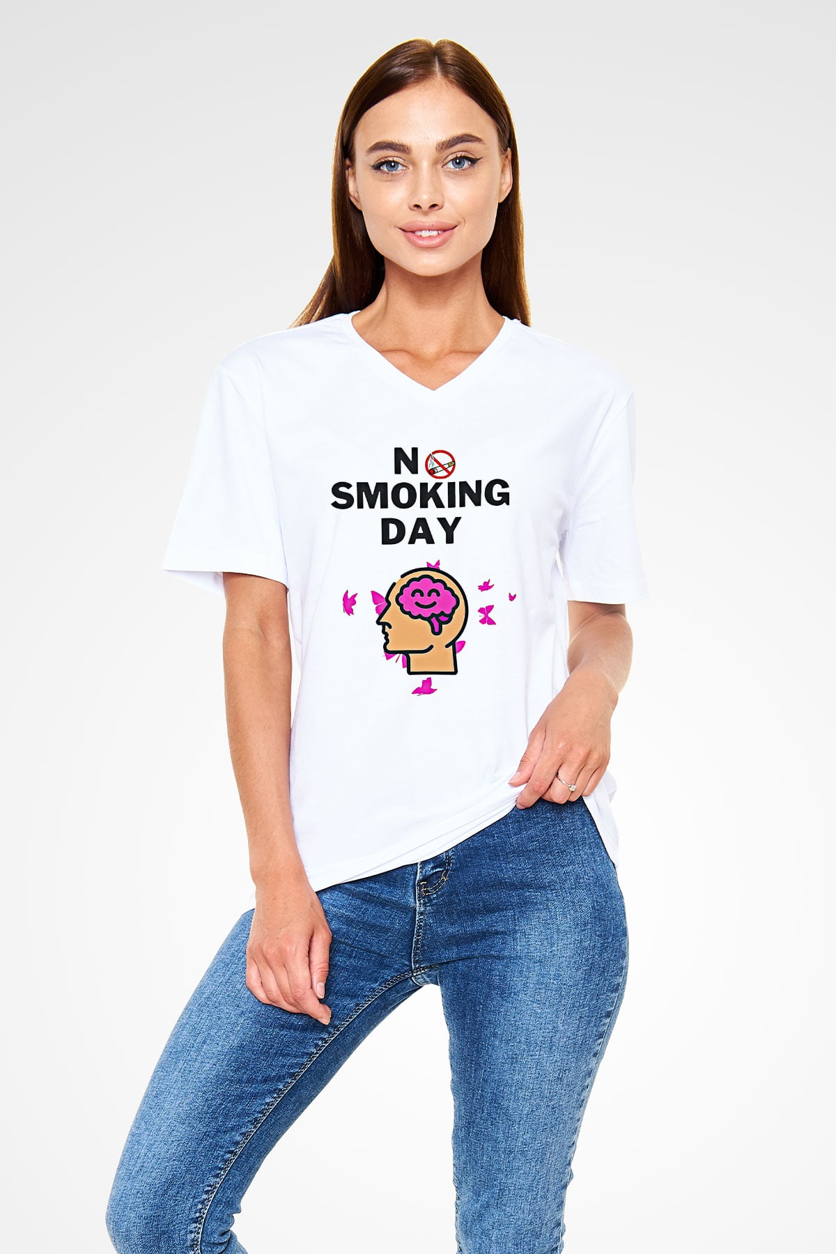 Sigarayı Bırakma Günü Baskılı Beyaz Unisex V Yaka Tişört - Tshirt