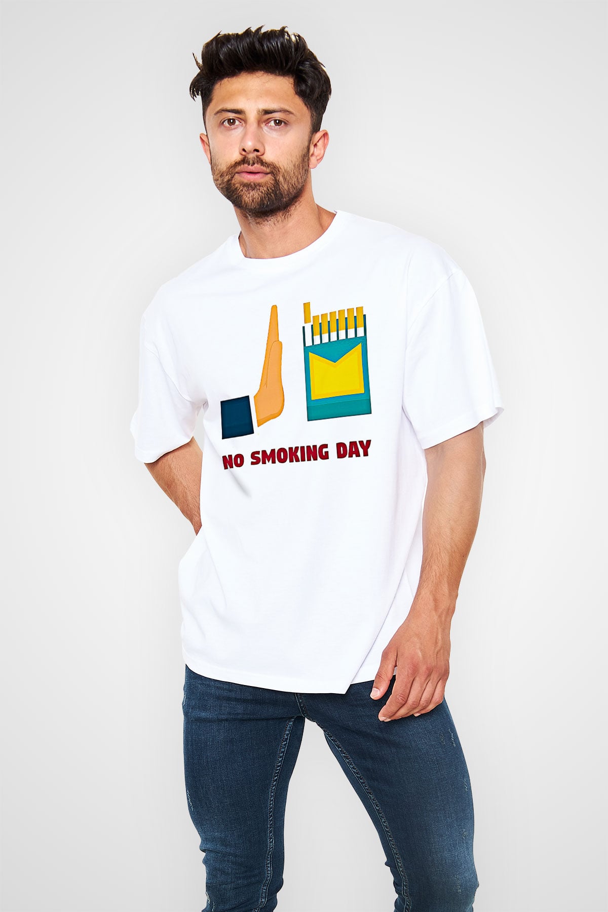 Sigarayı Bırakma Günü Baskılı Beyaz Unisex Oversize Tişört - Tshirt