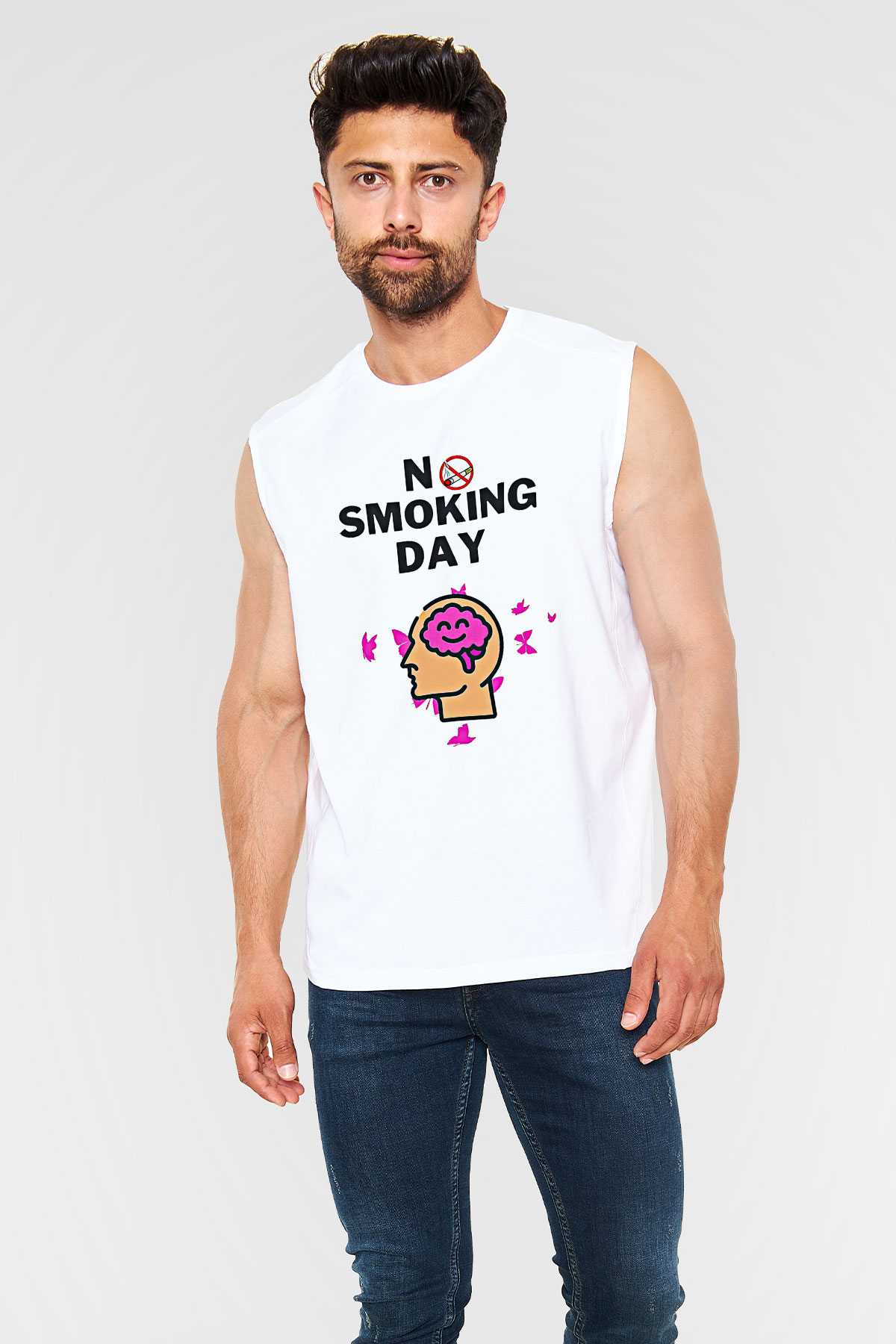 Sigarayı Bırakma Günü Baskılı Beyaz Unisex Kolsuz Tişört - Tshirt