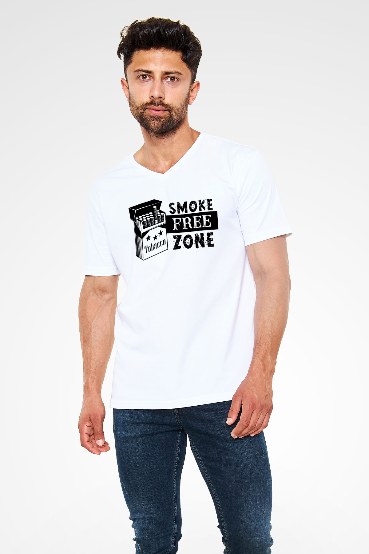 Sigarayı Bırakma Günü Baskılı Beyaz Unisex V Yaka Tişört - Tshirt