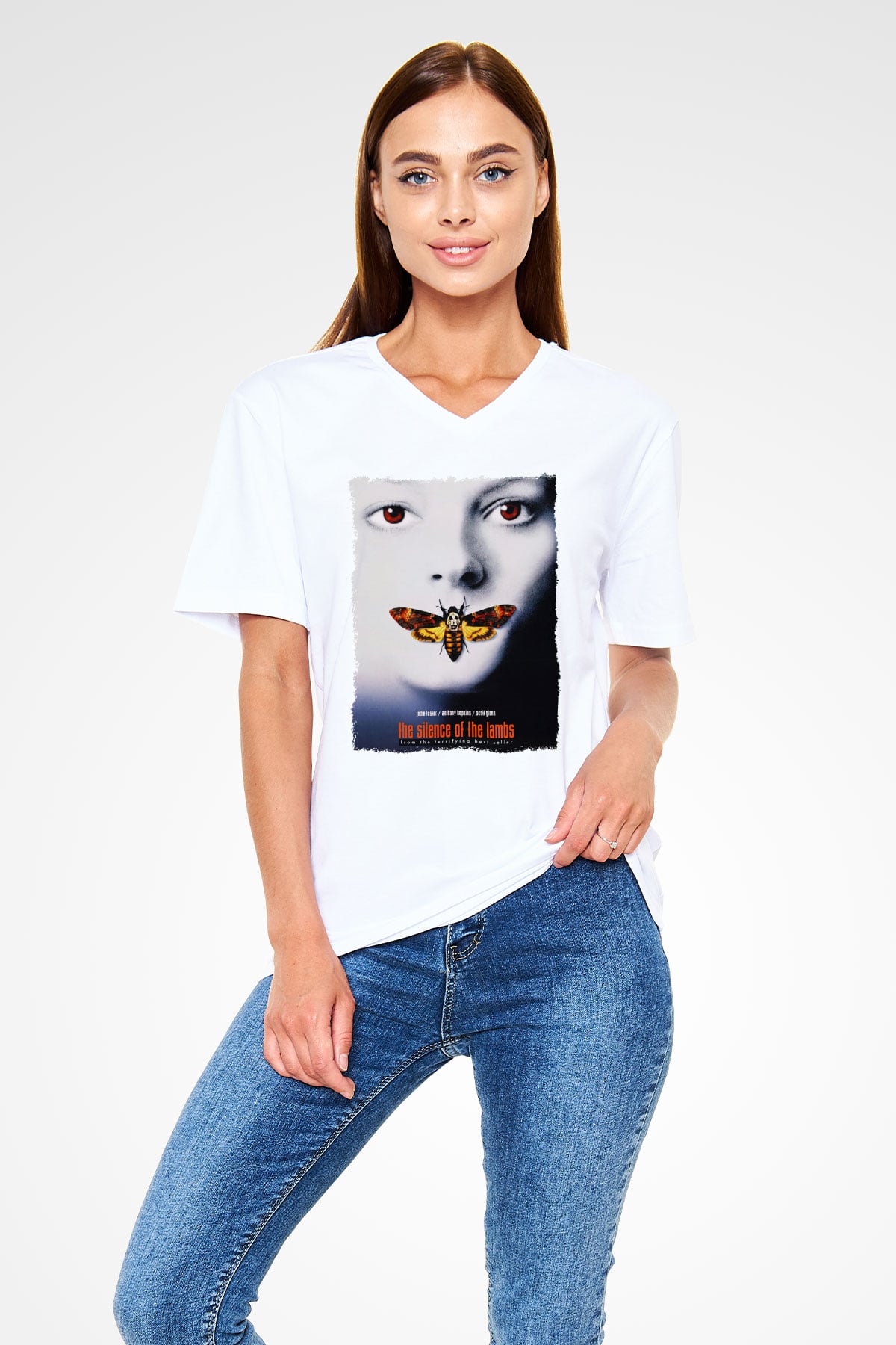 Silence of the Lambs Beyaz Unisex V Yaka Tişört