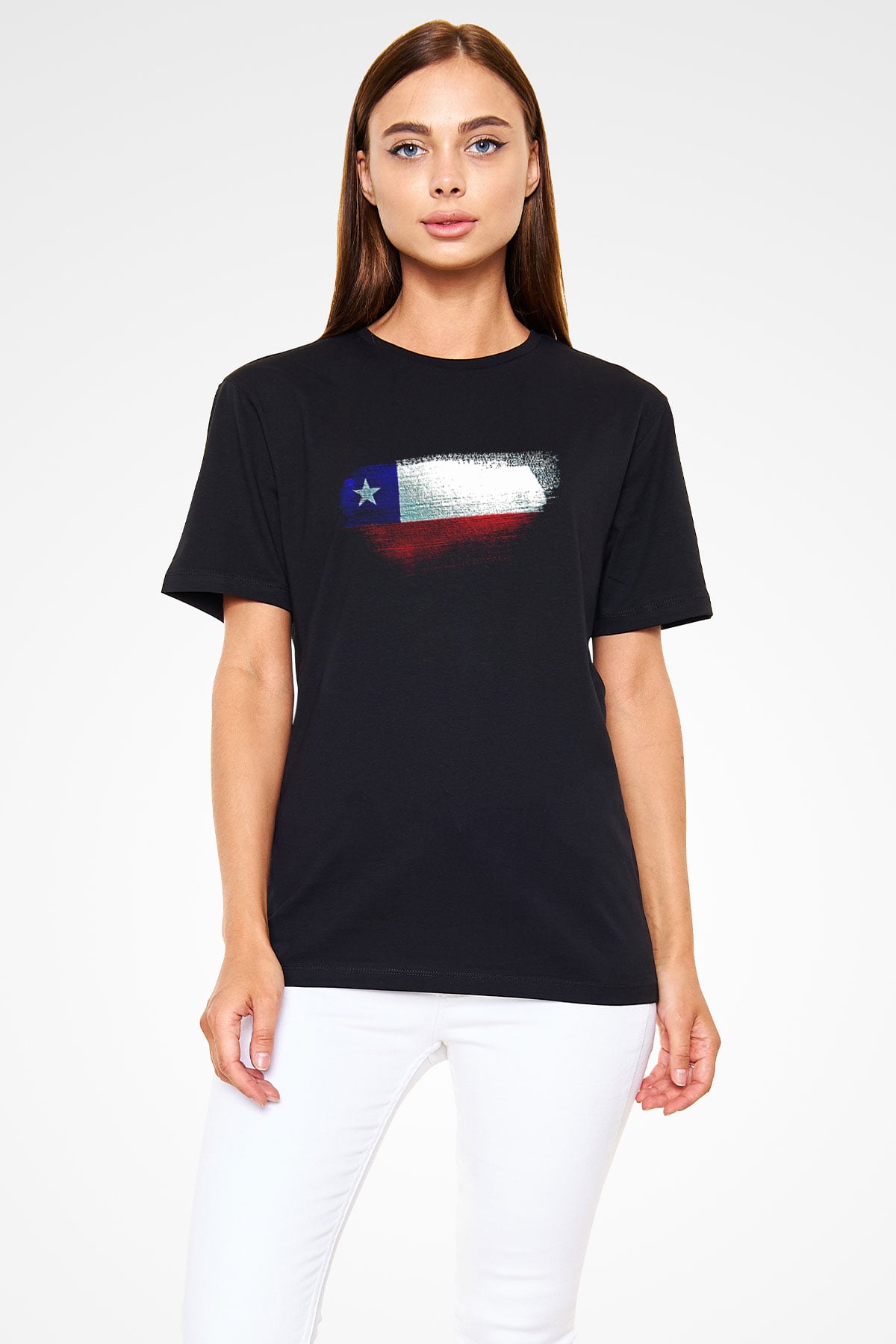 Şili - Chile Bayrağı Baskılı Unisex Siyah Tişört
