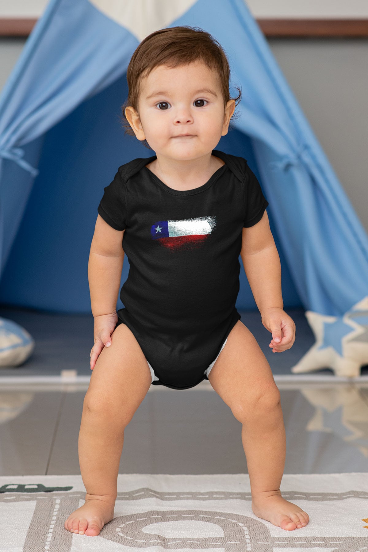 Şili - Chile Bayrağı Baskılı Unisex Siyah Bebek Body - Zıbın