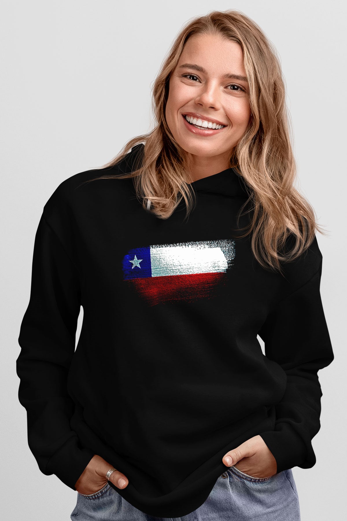 Şili - Chile Bayrağı Baskılı Unisex Siyah Kapüşonlu Sweatshirt
