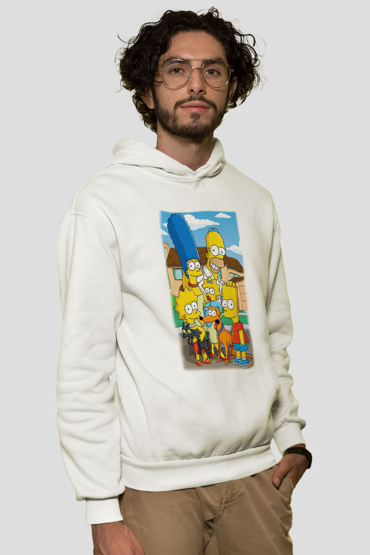 Simpsons Beyaz Unisex Kapşonlu Sweatshirt