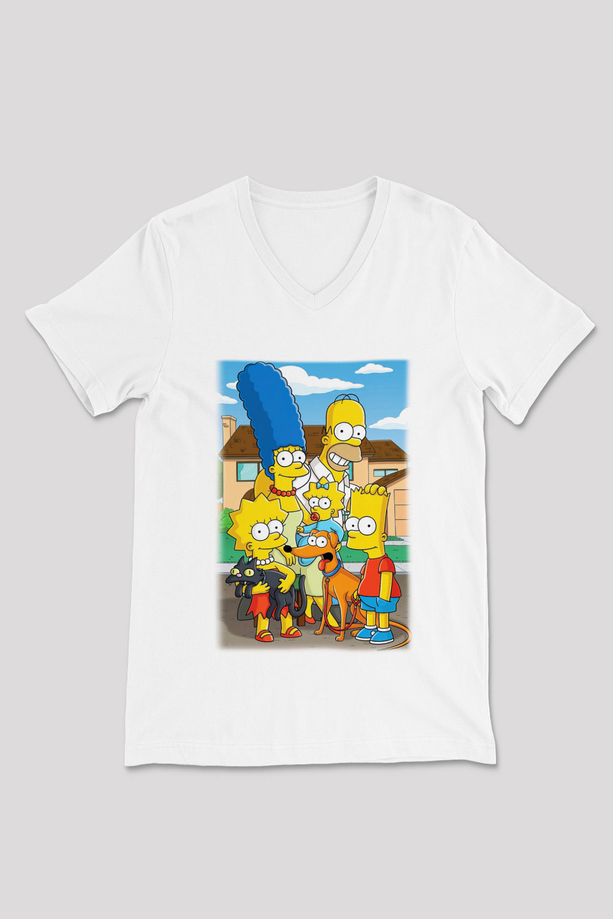 Simpsons Beyaz Unisex V Yaka Tişört T-Shirt