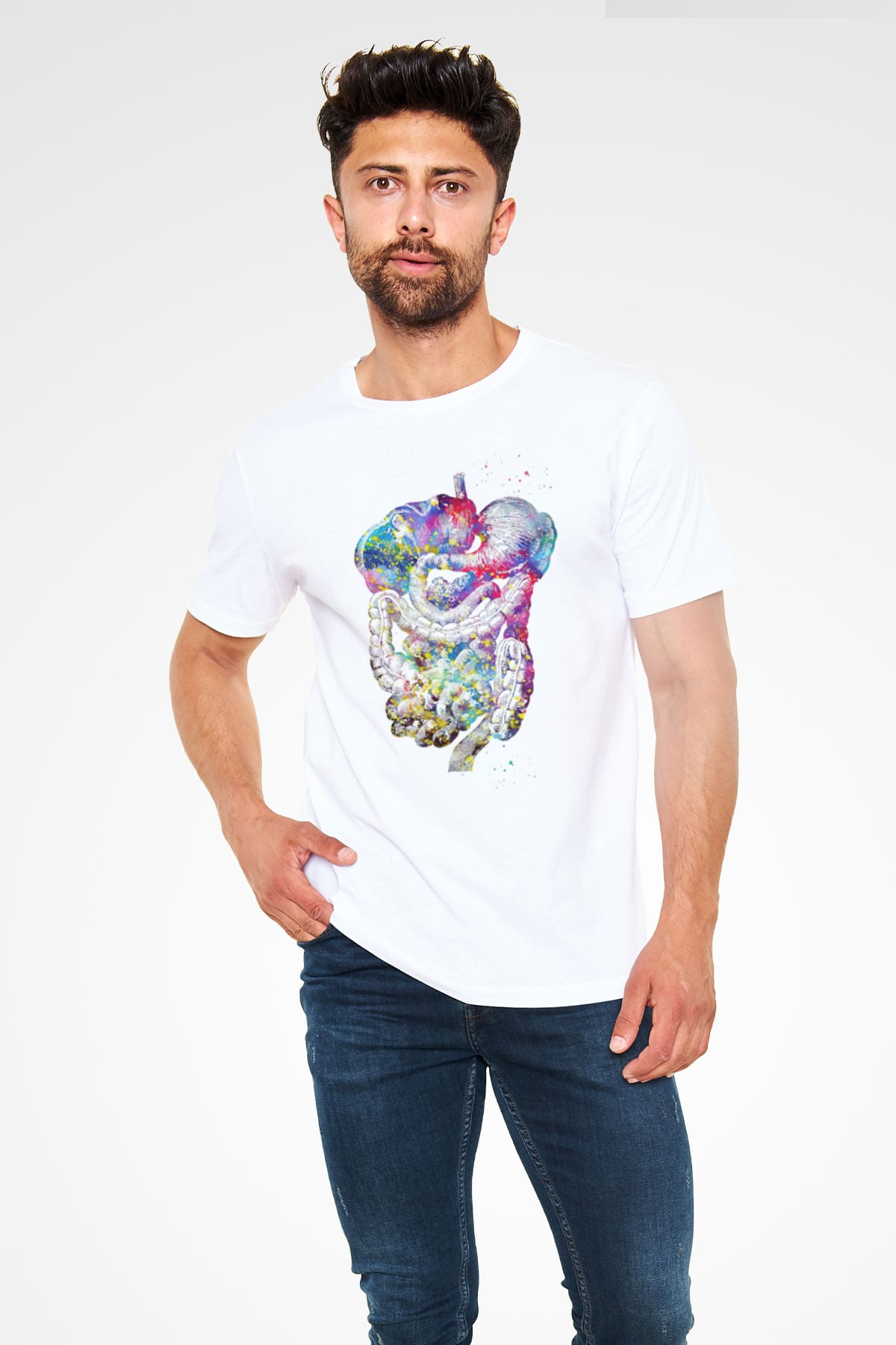 Sindirim Sistemi Renkli Baskılı Unisex Beyaz Tişört - Tshirt