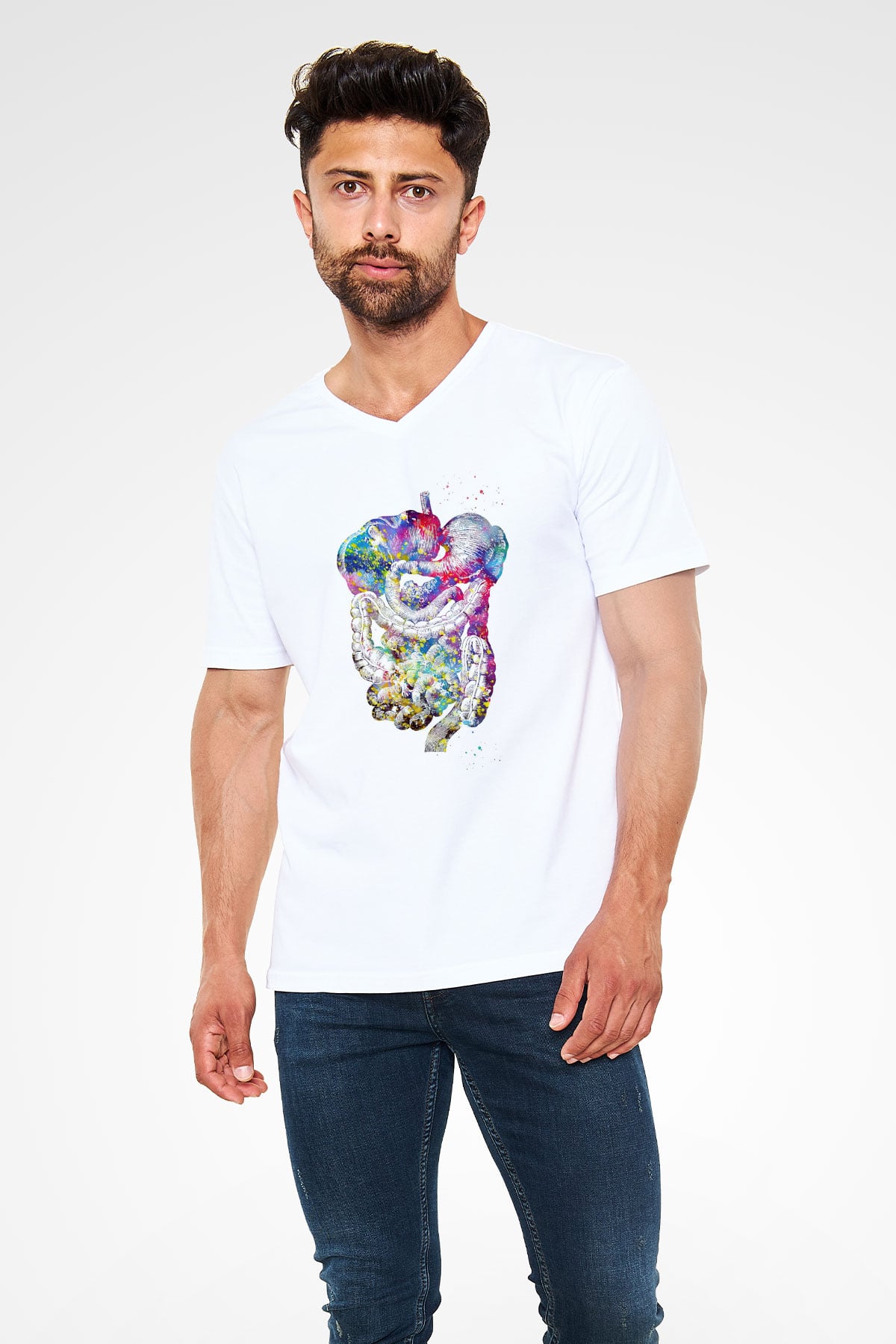 Sindirim Sistemi Renkli Baskılı Unisex V Yaka Beyaz Tişört - Tshirt