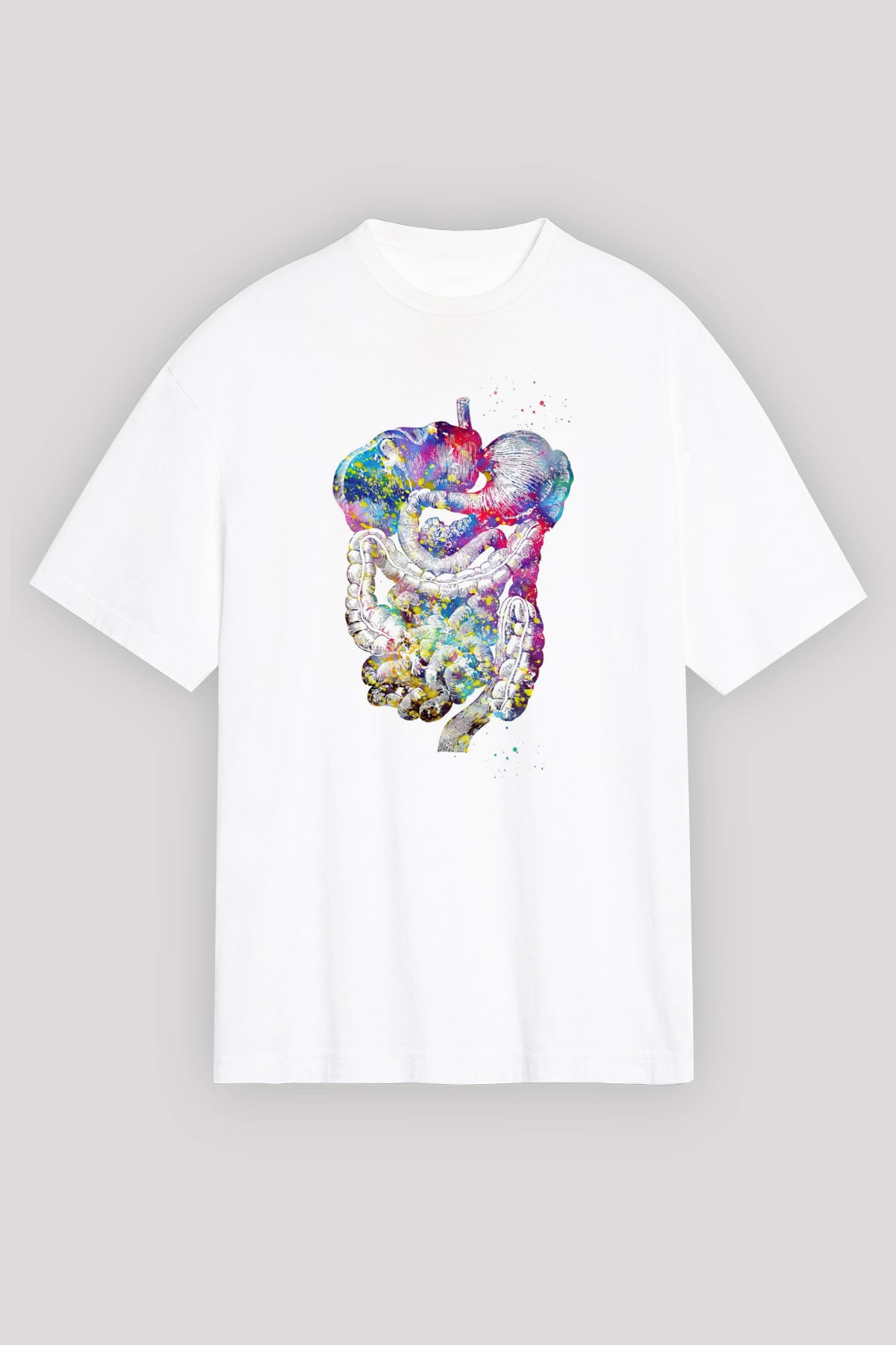 Sindirim Sistemi Renkli Baskılı Unisex Oversize Beyaz Tişört - Tshirt