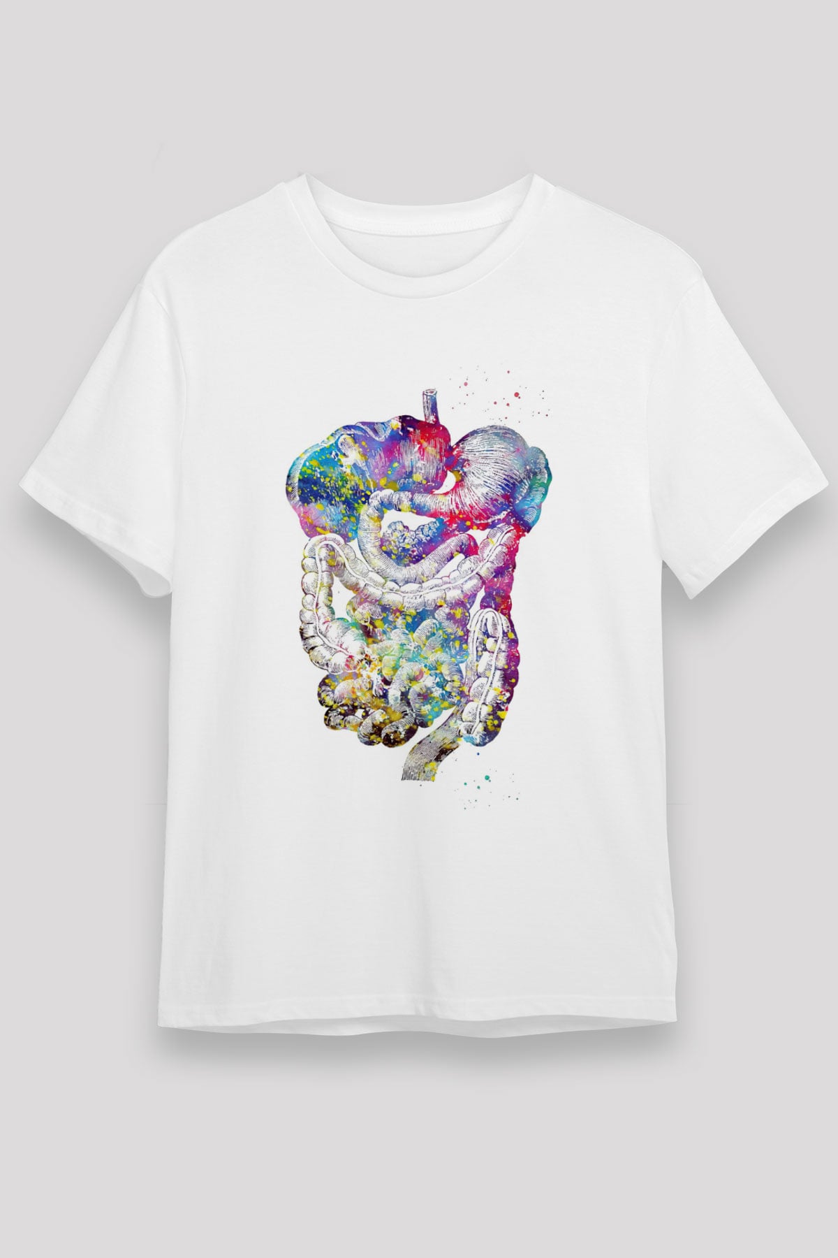 Sindirim Sistemi Renkli Baskılı Unisex Beyaz Tişört - Tshirt