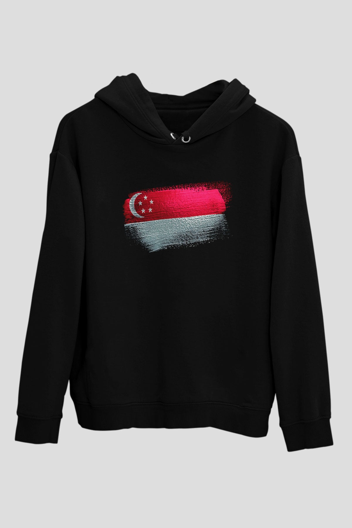 Singapur - Singapore Bayrağı Baskılı Unisex Siyah Kapüşonlu Sweatshirt
