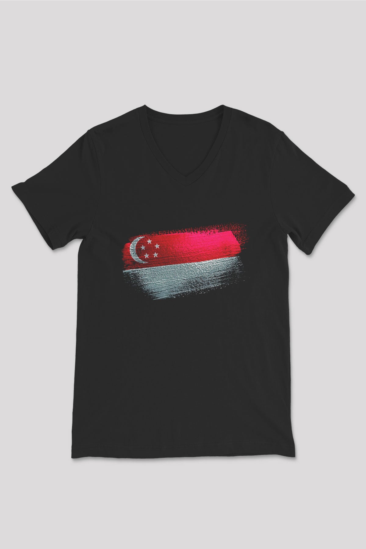 Singapur - Singapore Bayrağı Baskılı Unisex Siyah V Yaka Tişört