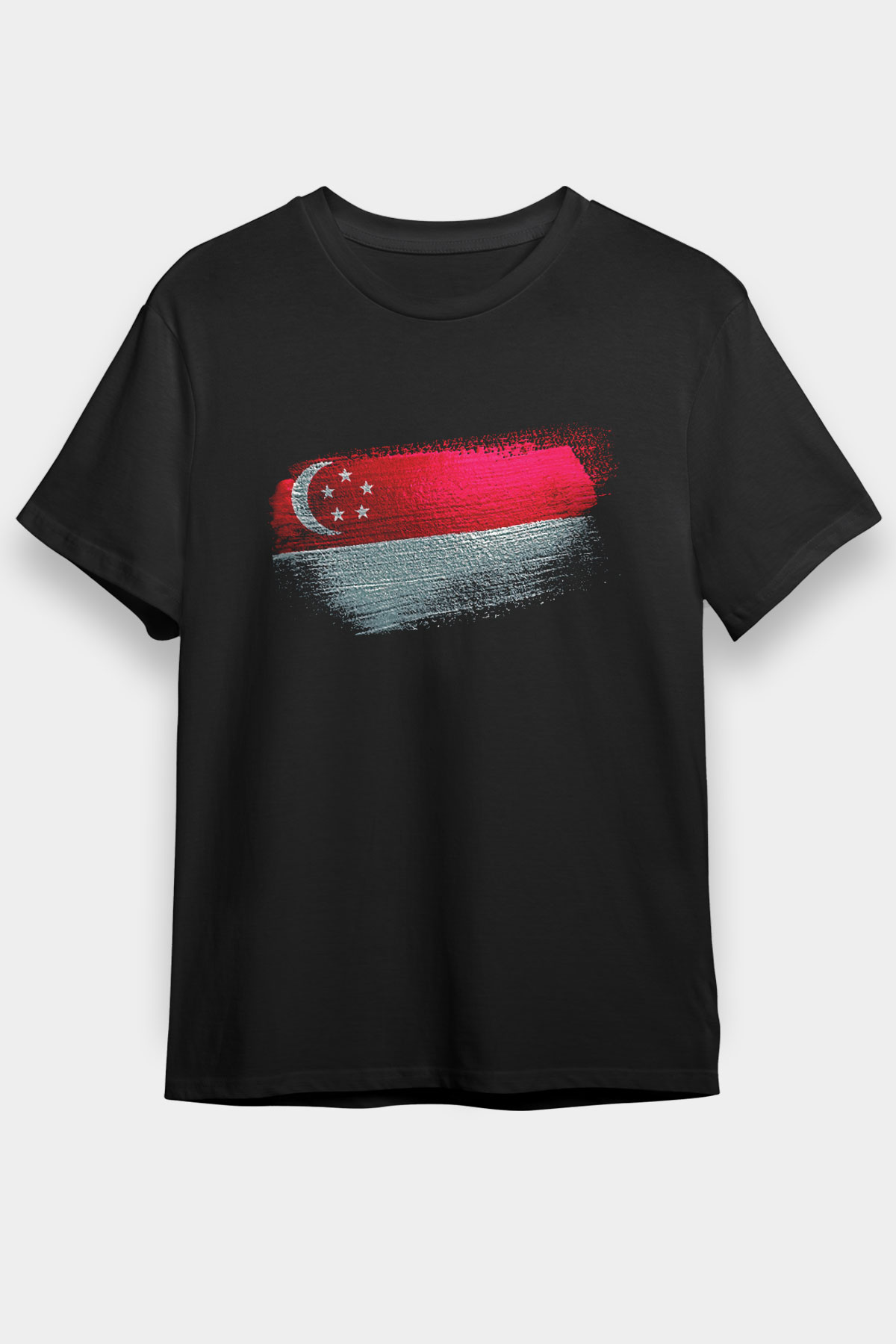 Singapur - Singapore Bayrağı Baskılı Unisex Siyah Tişört