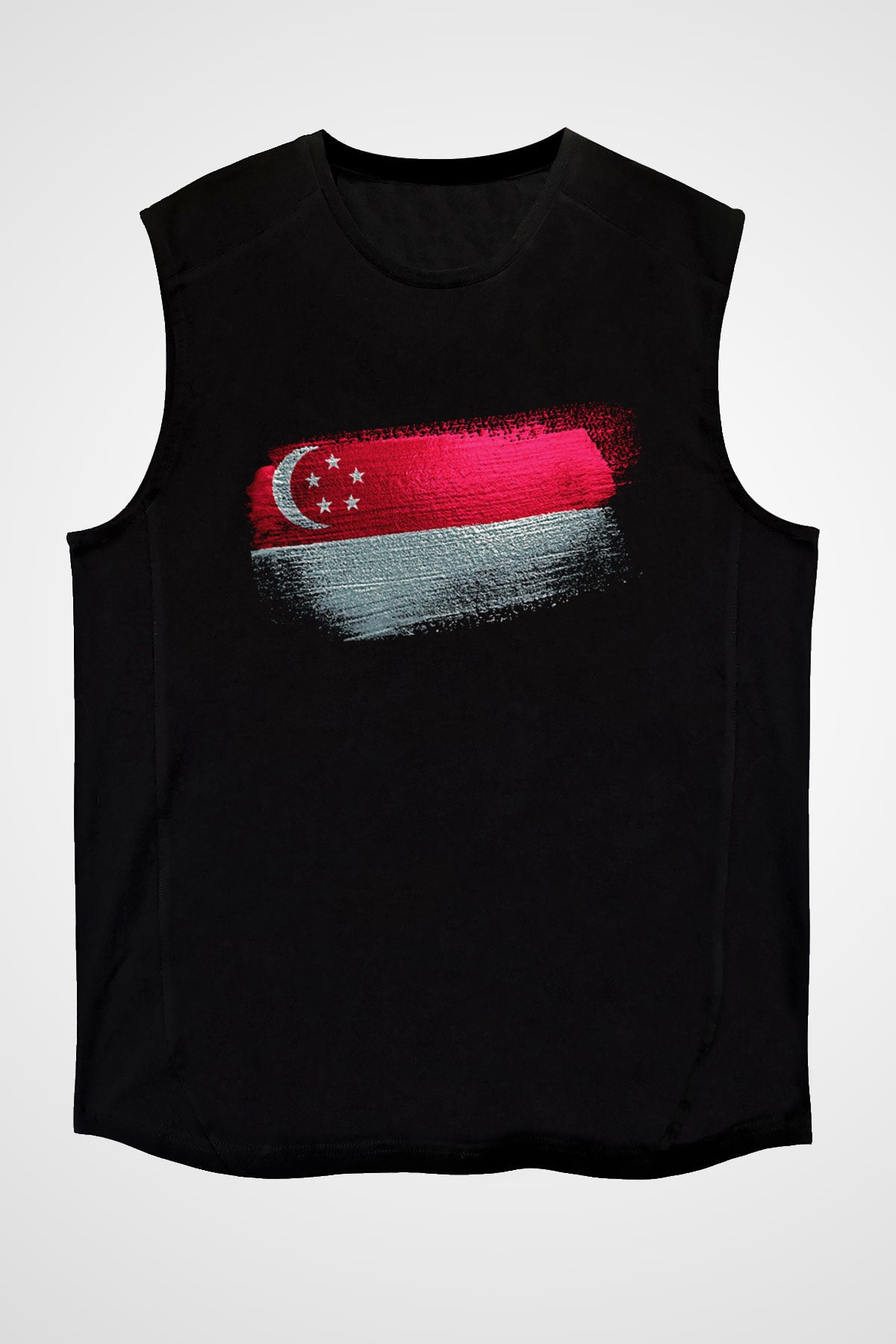 Singapur - Singapore Bayrağı Baskılı Unisex Siyah Kolsuz Tişört