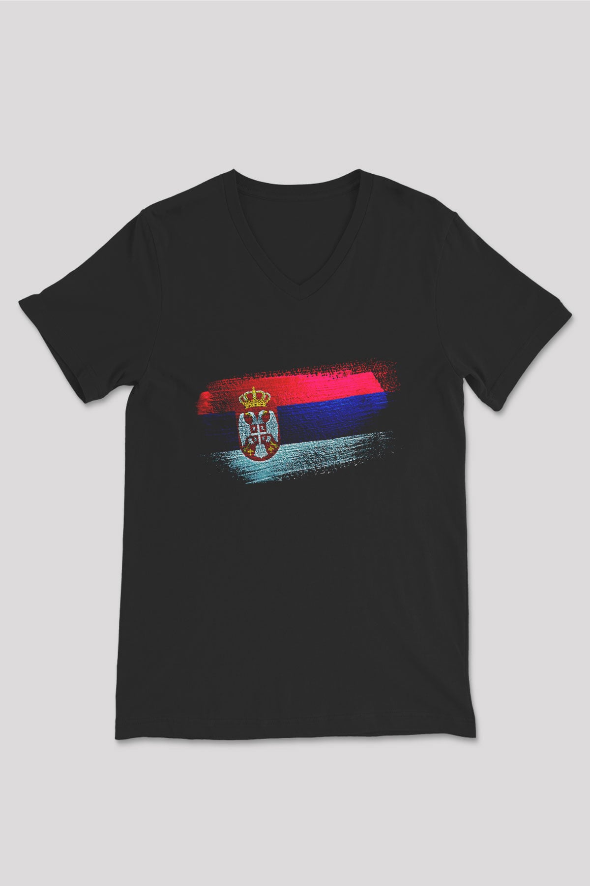 Sırbistan - Serbia Bayrağı Baskılı Unisex Siyah V Yaka Tişört