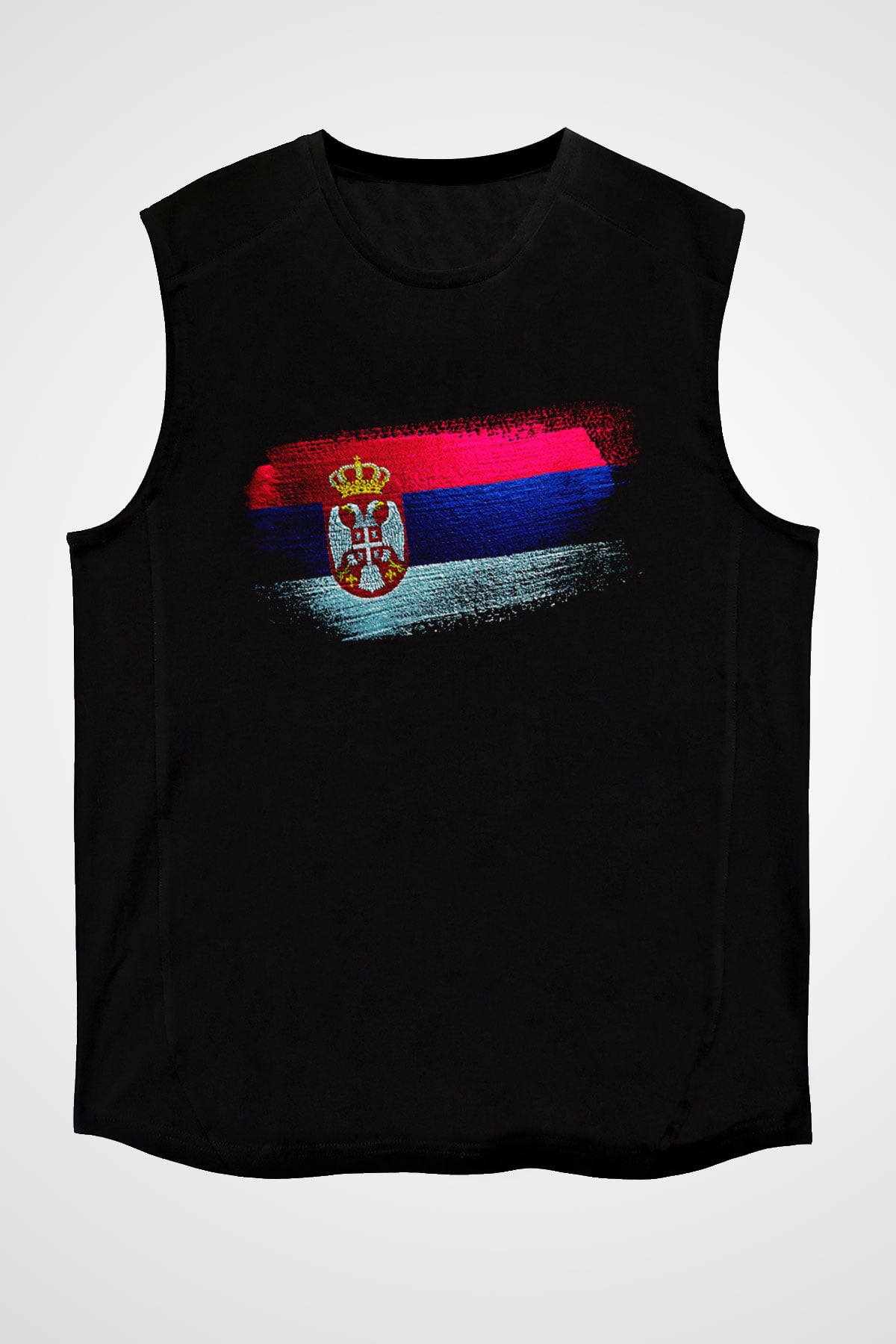 Sırbistan - Serbia Bayrağı Baskılı Unisex Siyah Kolsuz Tişört