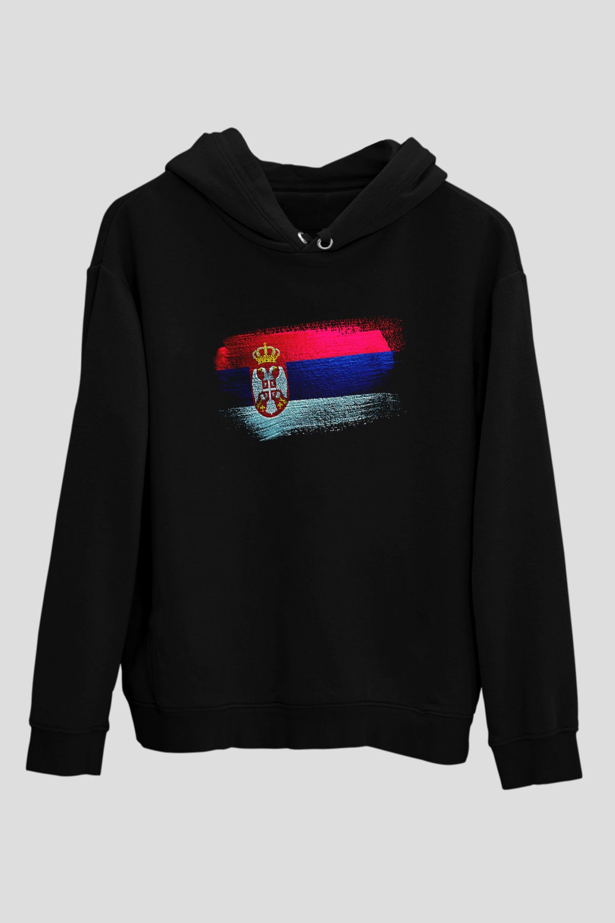 Sırbistan - Serbia Bayrağı Baskılı Unisex Siyah Kapüşonlu Sweatshirt