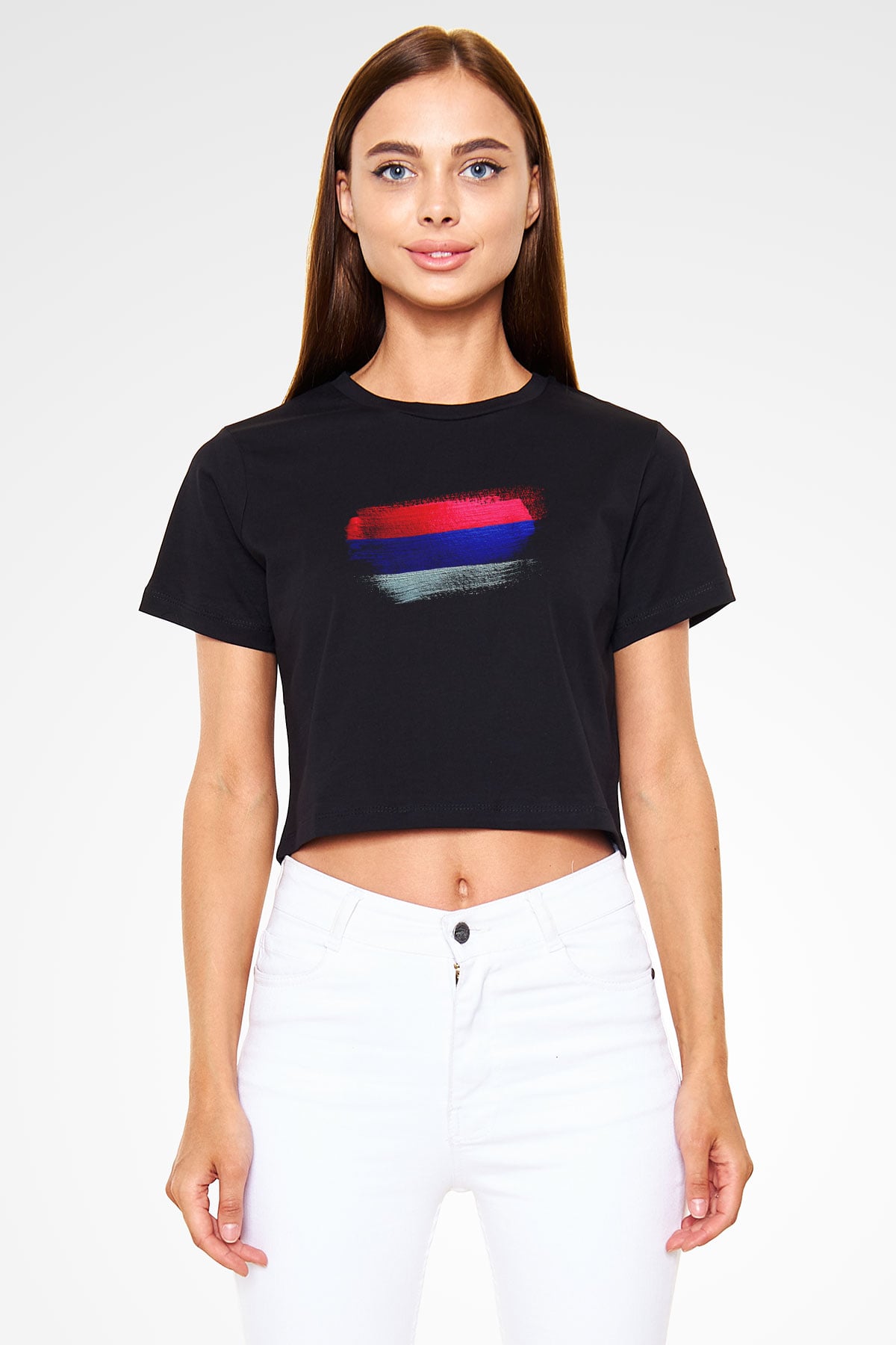Sırp Cumhuriyeti - Republika Srpska Bayrağı Baskılı Kadın Crop Top Siyah Tişört