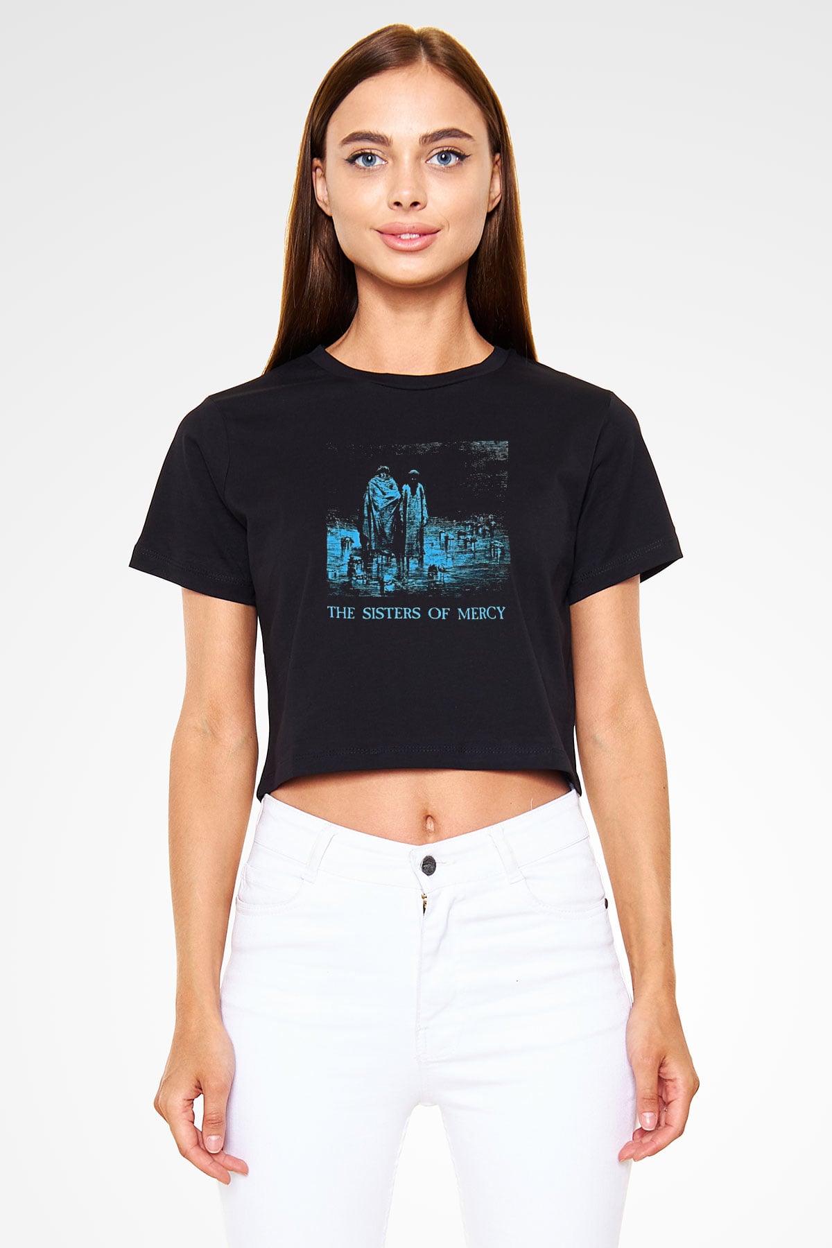 Sisters Of Mercy Baskılı Siyah Crop Top Kadın Tişört - Tshirt