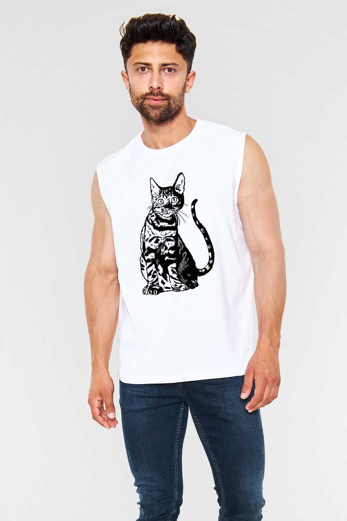 Siyah Kedi Baskılı Unisex Beyaz  Kolsuz Tişört