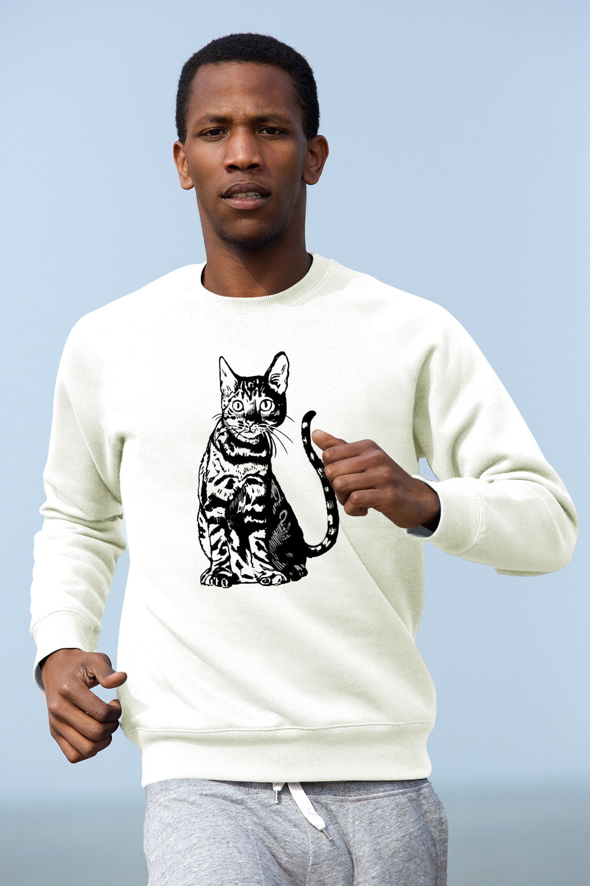 Siyah Kedi Baskılı Unisex Beyaz  Sweatshirt