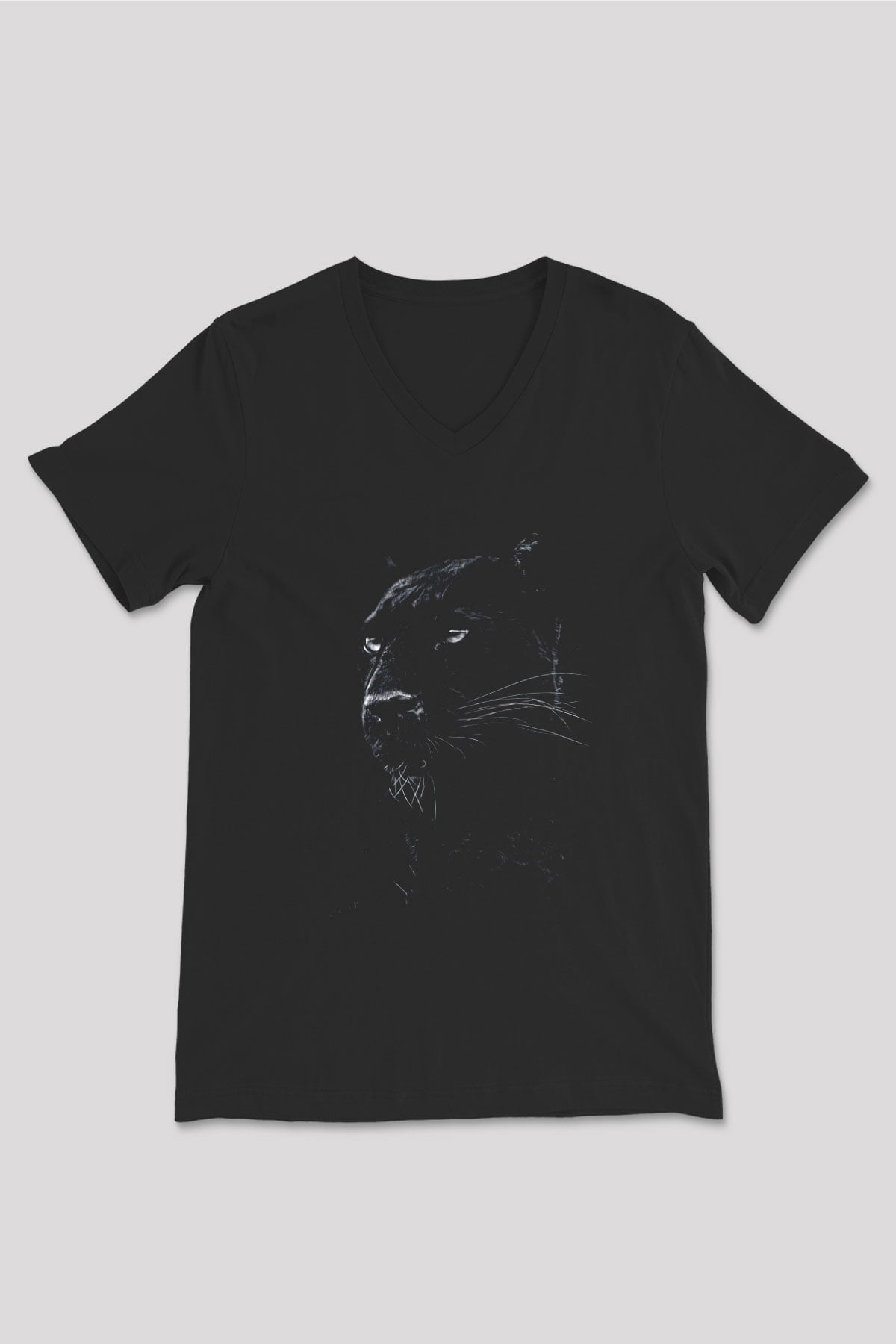Siyah Panter Baskılı Unisex Siyah  V Yaka Tişört