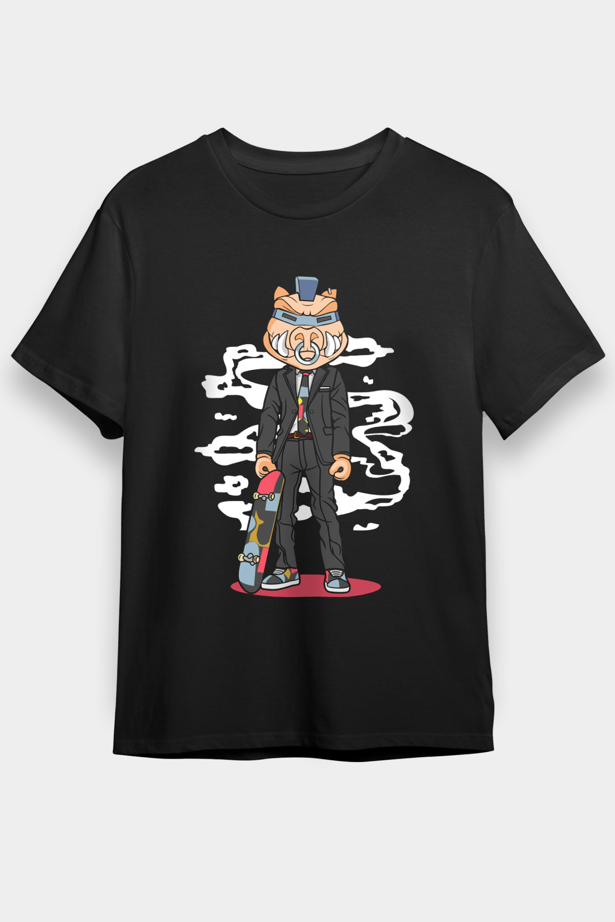 Skater Pig Baskılı Unisex Siyah Tişört