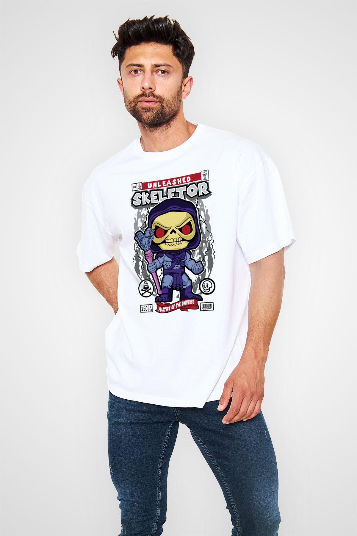 Skeletor Baskılı Unisex Beyaz Oversize Tişört