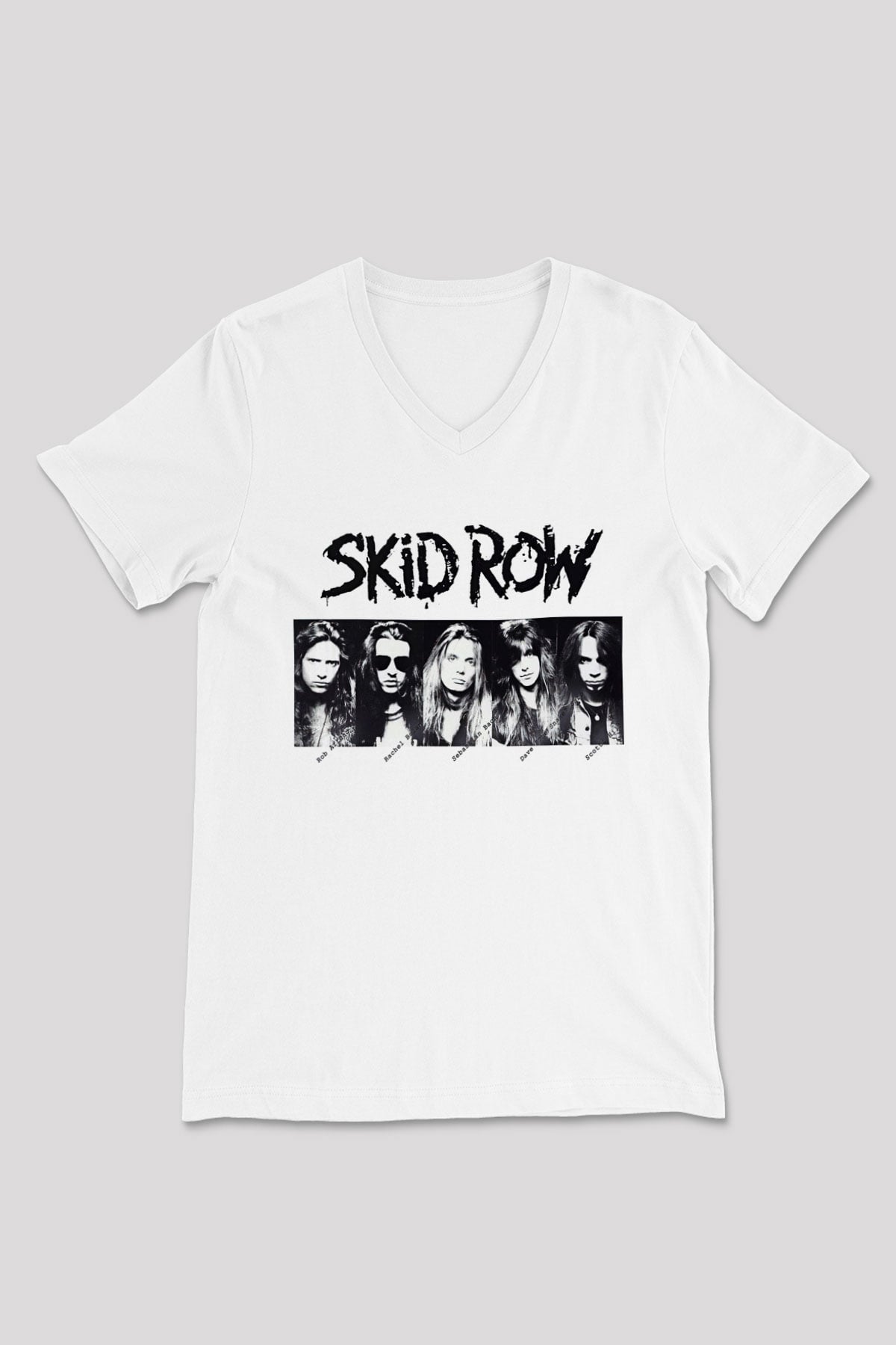 Skid Row Baskılı Beyaz Unisex V Yaka Tişört - Tshirt
