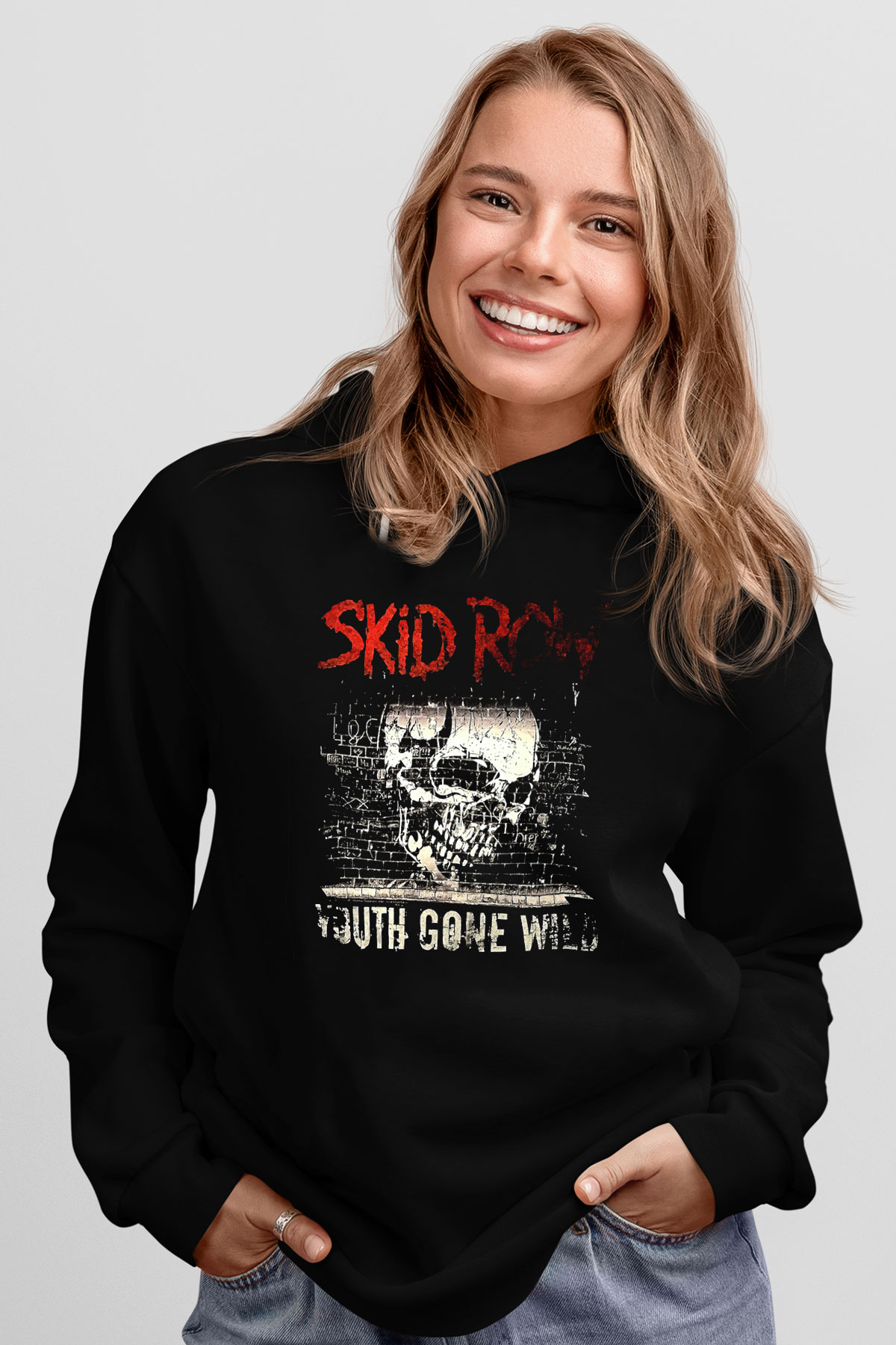 Skid Row Baskılı Unisex Siyah Kapüşonlu Sweatshirt