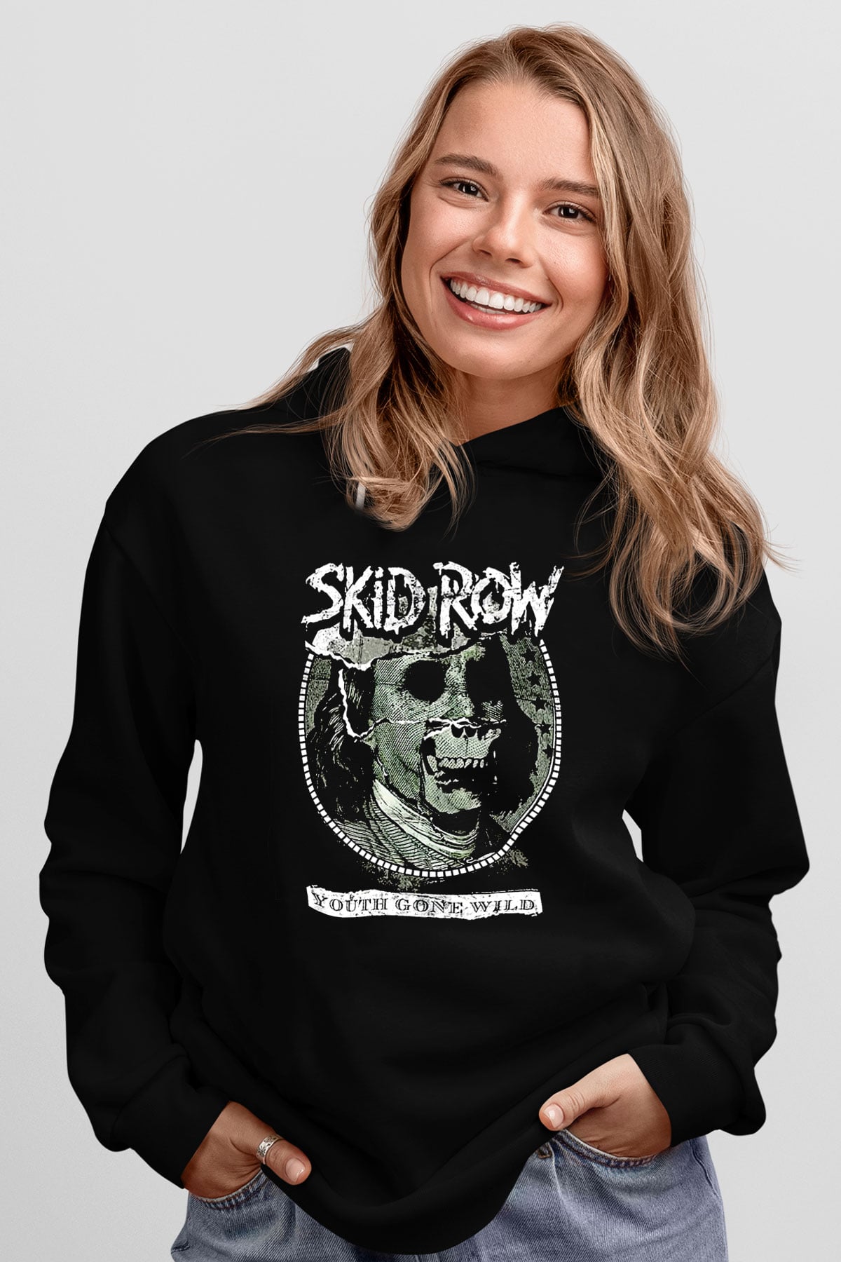 Skid Row Baskılı Unisex Siyah Kapüşonlu Sweatshirt