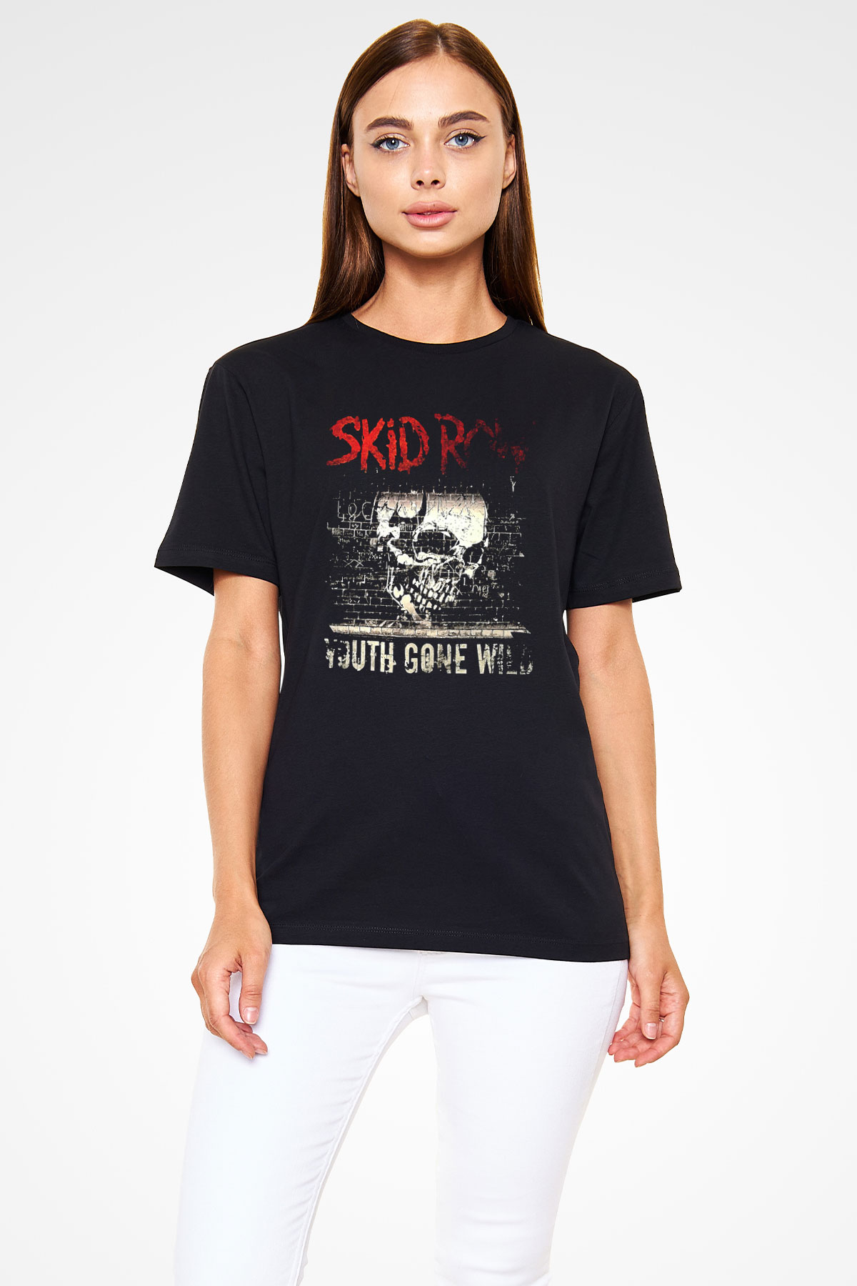 Skid Row Baskılı Unisex Siyah Tişört - Tshirt