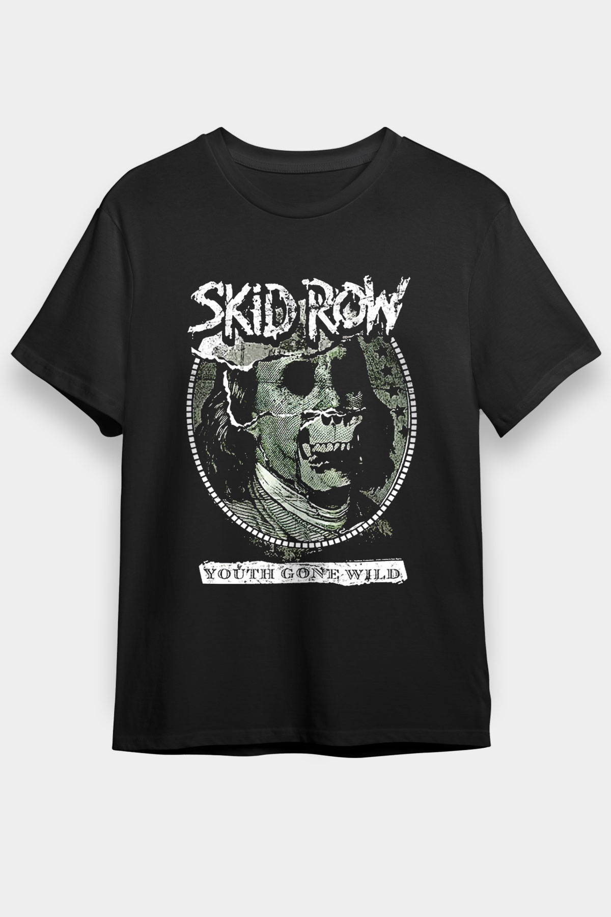 Skid Row Baskılı Unisex Siyah Tişört - Tshirt