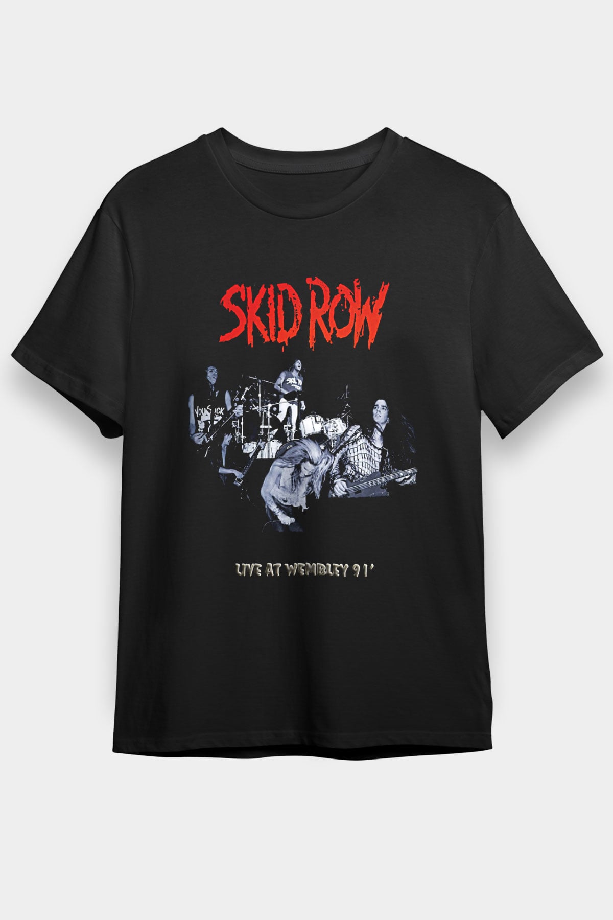 Skid Row Baskılı Unisex Siyah Tişört - Tshirt