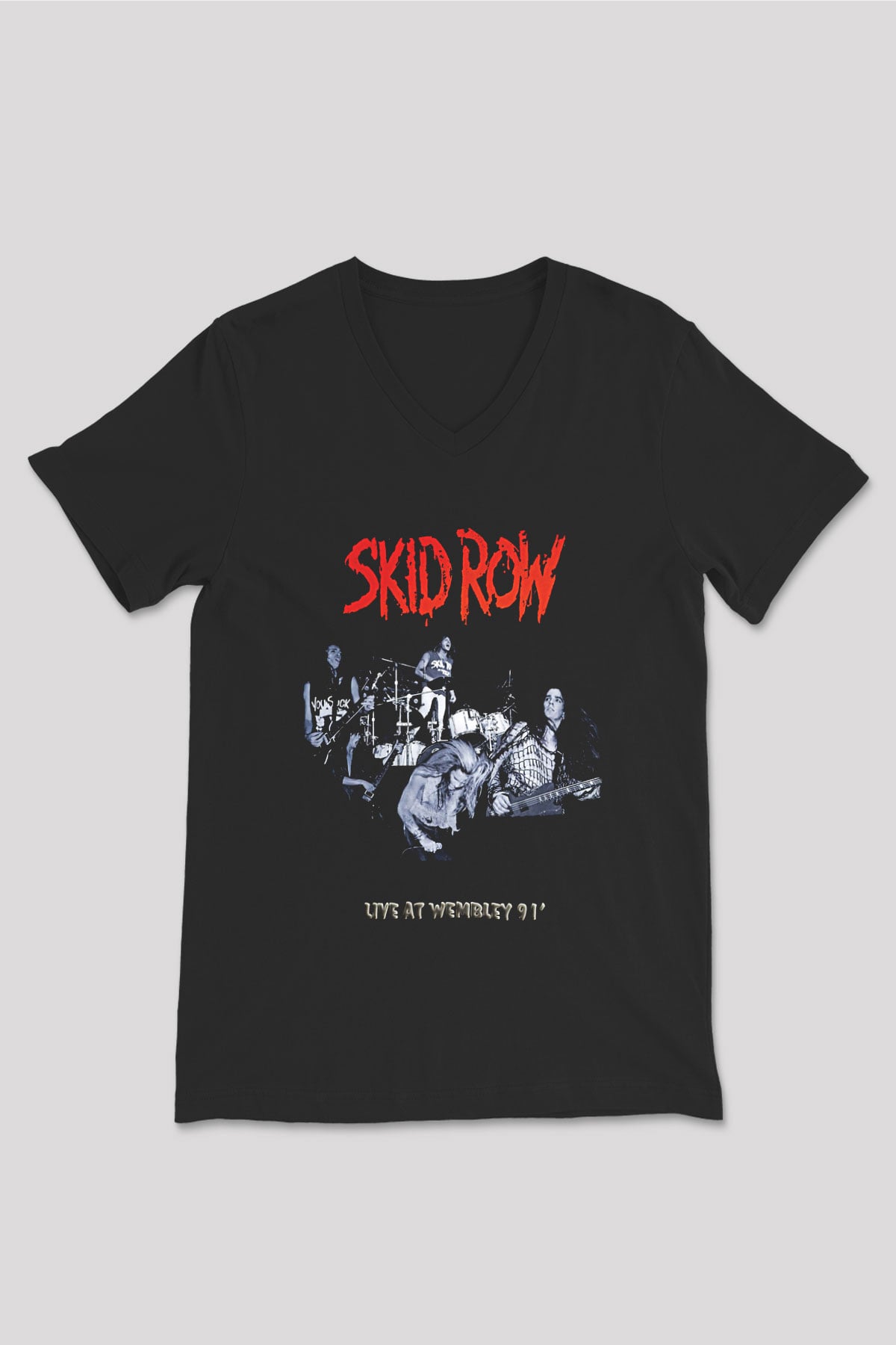Skid Row Baskılı Unisex Siyah V Yaka Tişört - Tshirt