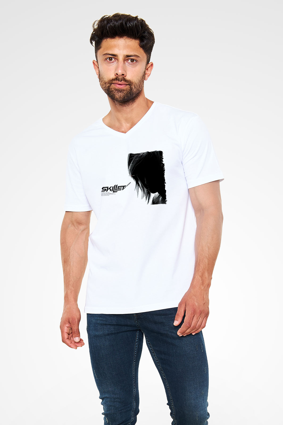 Skillet Baskılı Beyaz Unisex V Yaka Tişört - Tshirt