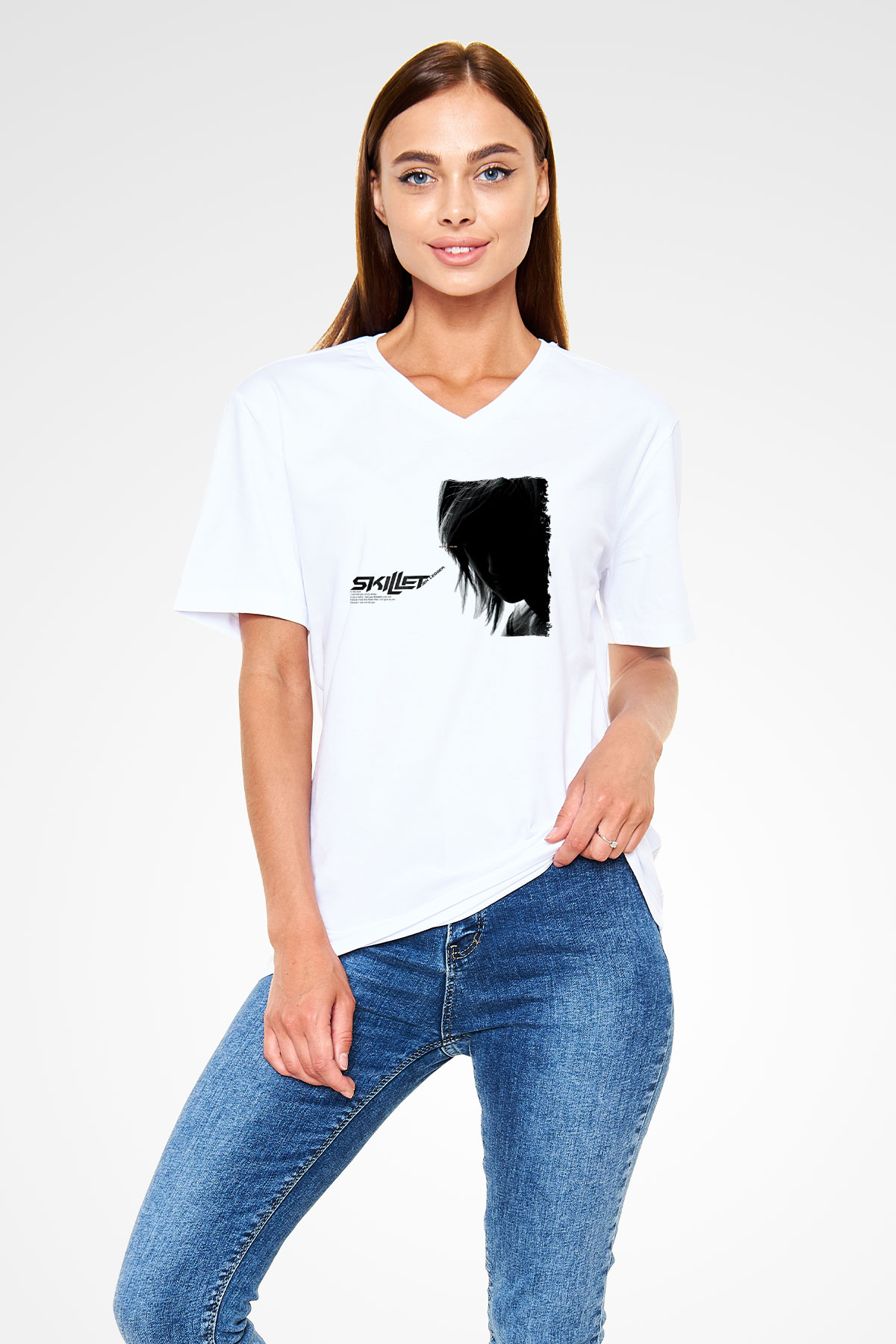 Skillet Baskılı Beyaz Unisex V Yaka Tişört - Tshirt