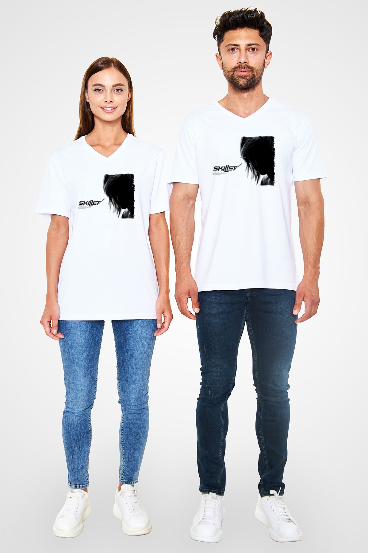 Skillet Baskılı Beyaz Unisex V Yaka Tişört - Tshirt